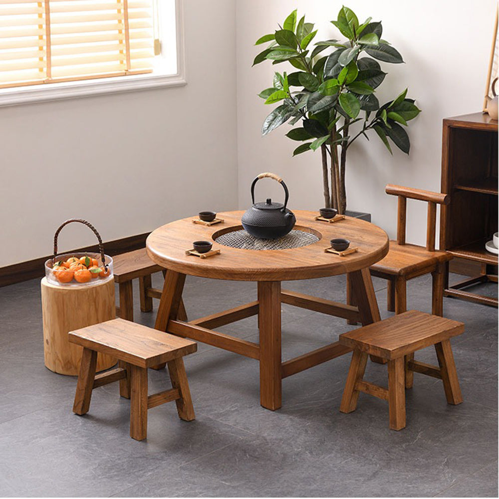 Elm Wood Round Tea Table with Built-in Electric Stove - Rustic Coffee Table for Living Room, Perfect for Tea Parties and Cozy Gatherings
