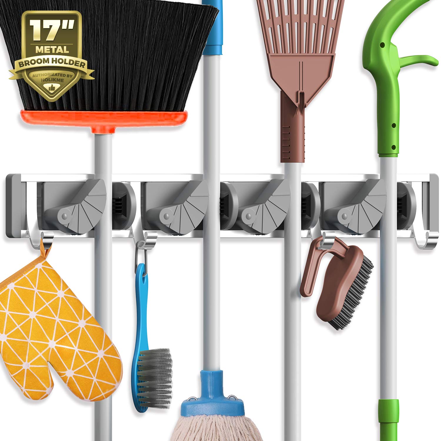 Holikme 4-Position Wall Mount Mop Broom Holder - Metal Pantry Organizer with 4 Hooks for Kitchen, Garden & Home Storage (Silver) - Perfect for Organizing Cleaning Tools in Laundry Rooms, Garages & Utility Closets