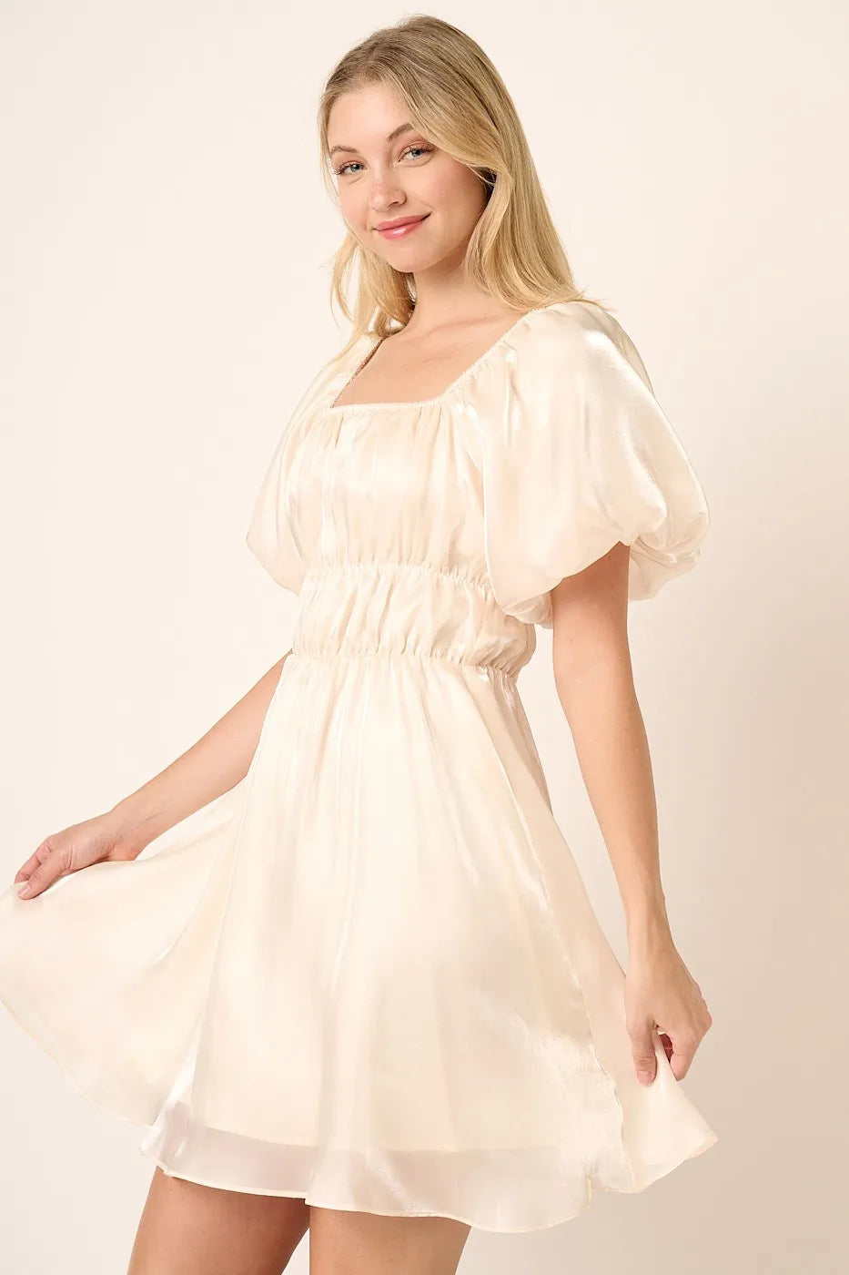 Elegant Metallic Organza Balloon Sleeve Mini Dress for Party, Wedding, Prom & Special Occasions | Shimmering Cocktail Dress for Women | Perfect for Evening Events, Date Nights & Celebrations