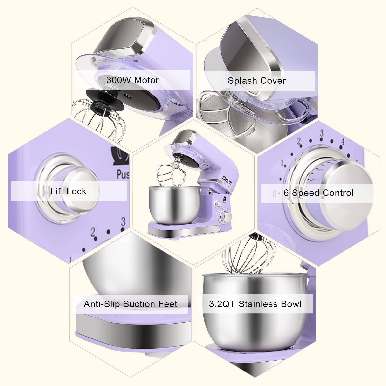 3.2Qt Stand Mixer - 6-Speed Electric Kitchen Mixer with Egg Whisk, Dough Hook & Flat Beater | Lightweight Portable Food Mixer for Baking, Cooking & Daily Kitchen Use (Purple) | Perfect for Home Bakers, Small Kitchens & Quick Meal Prep