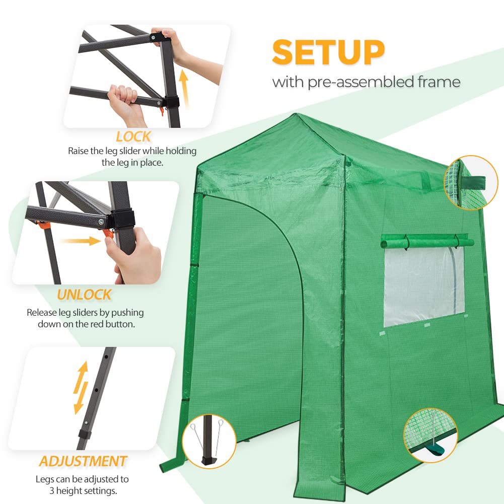 EAGLE PEAK 9x4 Lean-to Portable Walk-in Greenhouse - Pop Up Indoor Outdoor Garden Greenhouse with Zippered Doors & Windows, PE Cover (Green) - Perfect for Backyard Gardening, Plant Protection & Year-Round Growing