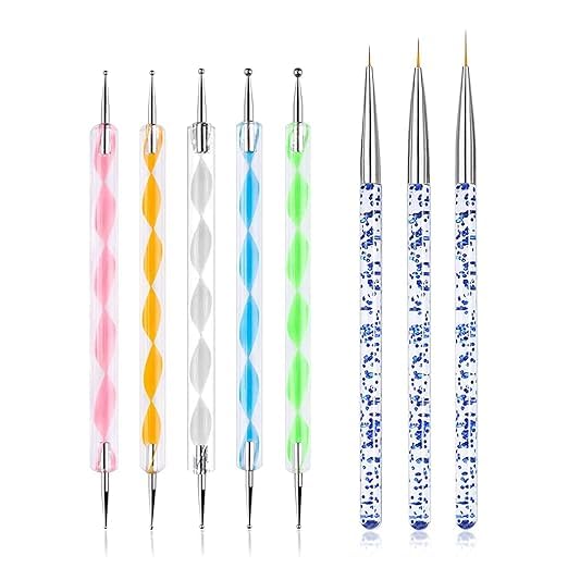 Kreni 5-Piece Dotting Pen Tool Set & 3 Nail Art Brushes - Professional Manicure Kit for Dot Paint, Nail Design | Perfect for Salon, Home DIY Nail Art, Gel Polish Application