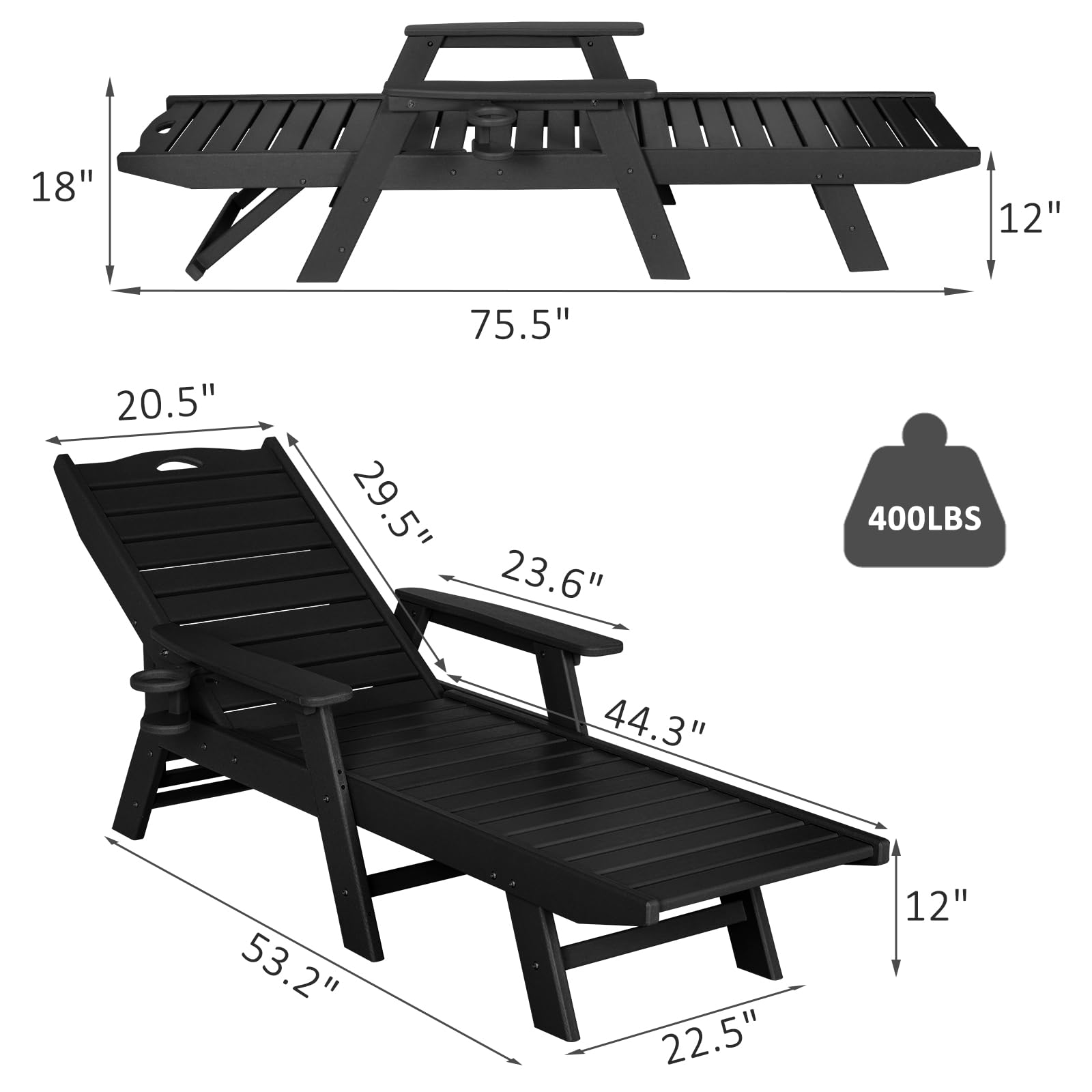 **2-Piece Nalone Outdoor Chaise Lounge Set - 5-Position Adjustable Backrest, Heavy-Duty HDPE Lounge Chairs Supports 400 LBS - Perfect for Patio, Poolside, Deck, Beach & Backyard (Black)**    *Use Cases: Relaxing by the pool, sunbathing at the beach, lounging on the patio, or enjoying backyard gatherings.*