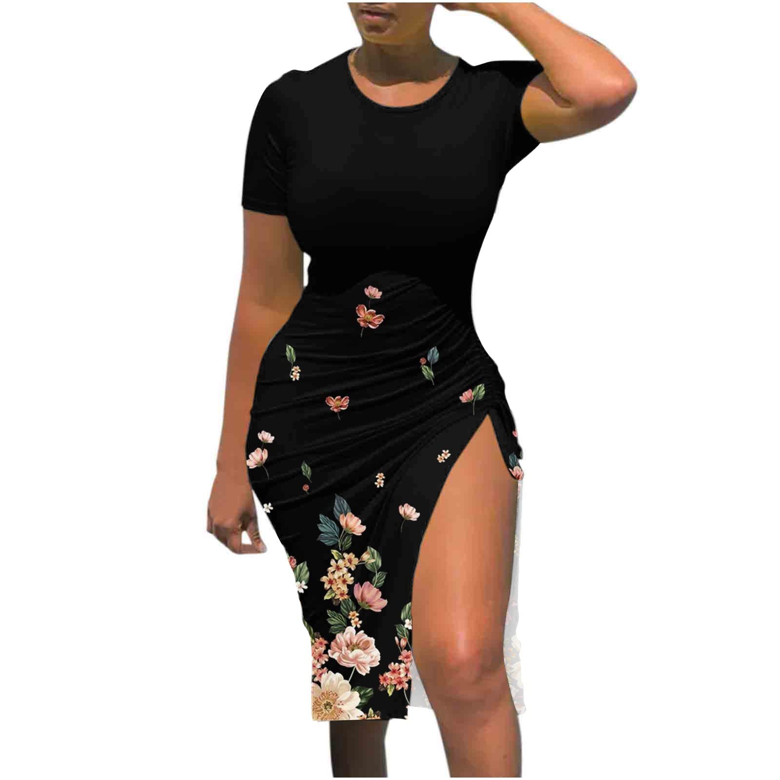 Rikrel One Shoulder Dresses for Women - Short Sleeve Round Neck Printed Drawstring Slit Dress | Summer Sexy Casual & Party Wear | Perfect for Beach, Vacation, Date Night and Special Occasions