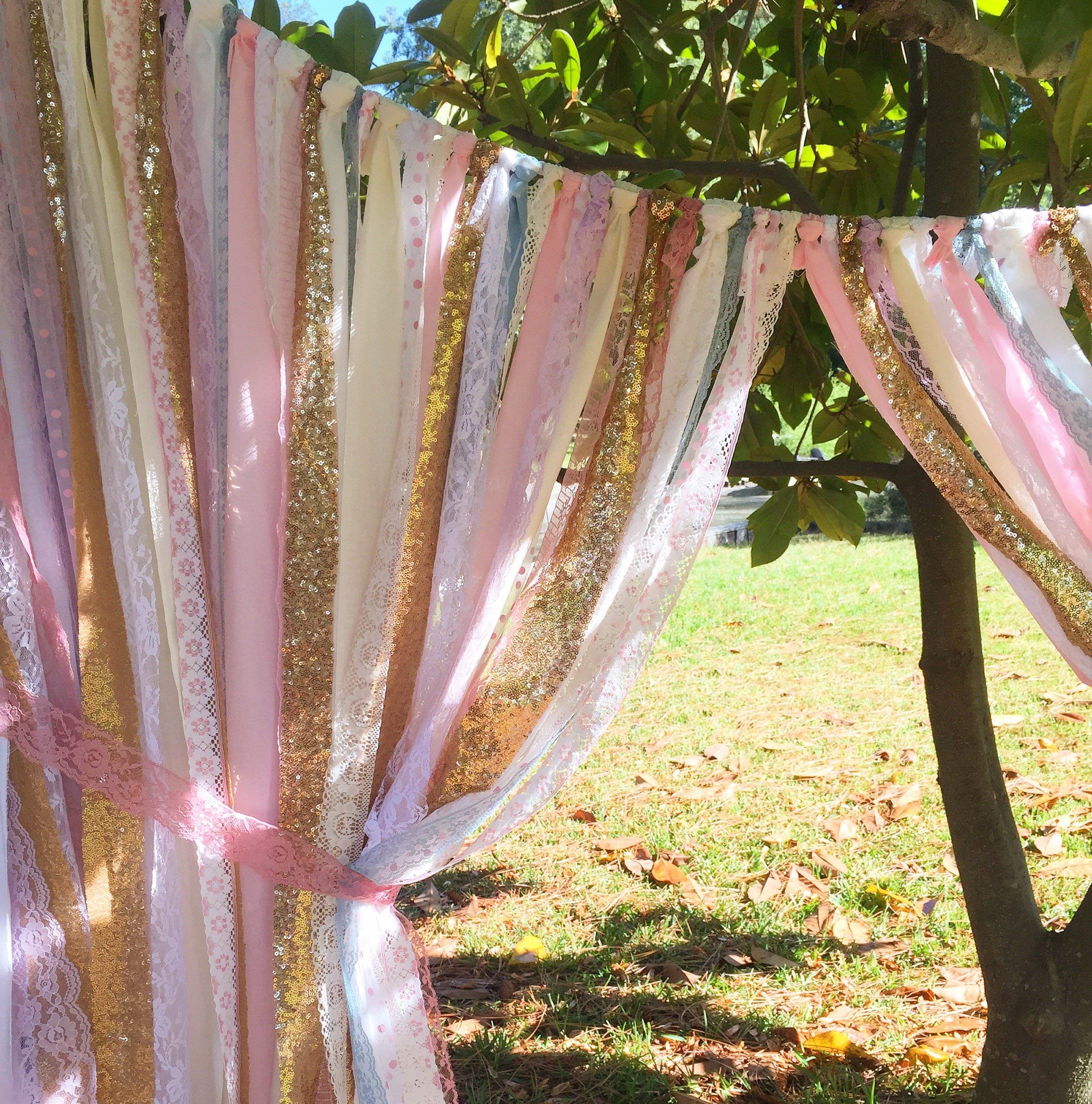 5x6 Pink & Gold Fabric Garland Backdrop with Lace and Sequin - Perfect for Weddings, Baby Showers, and Party Decorations