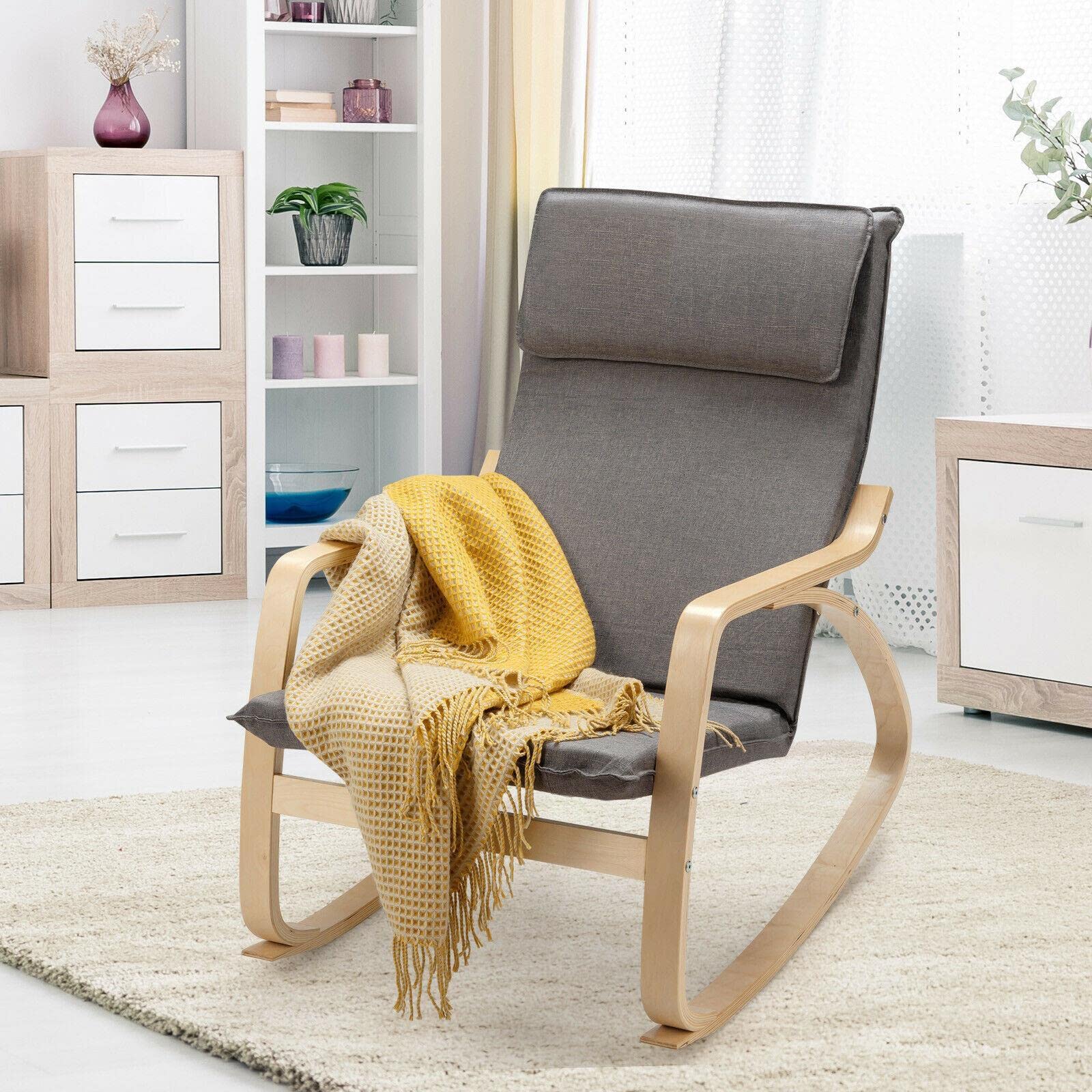 Modern Bentwood Rocking Chair - Gray Fabric Upholstered Lounge Rocker with Ergonomic Design for Living Room, Nursery, or Patio Relaxation | Comfortable Recliner for Reading, Nursing & Camping