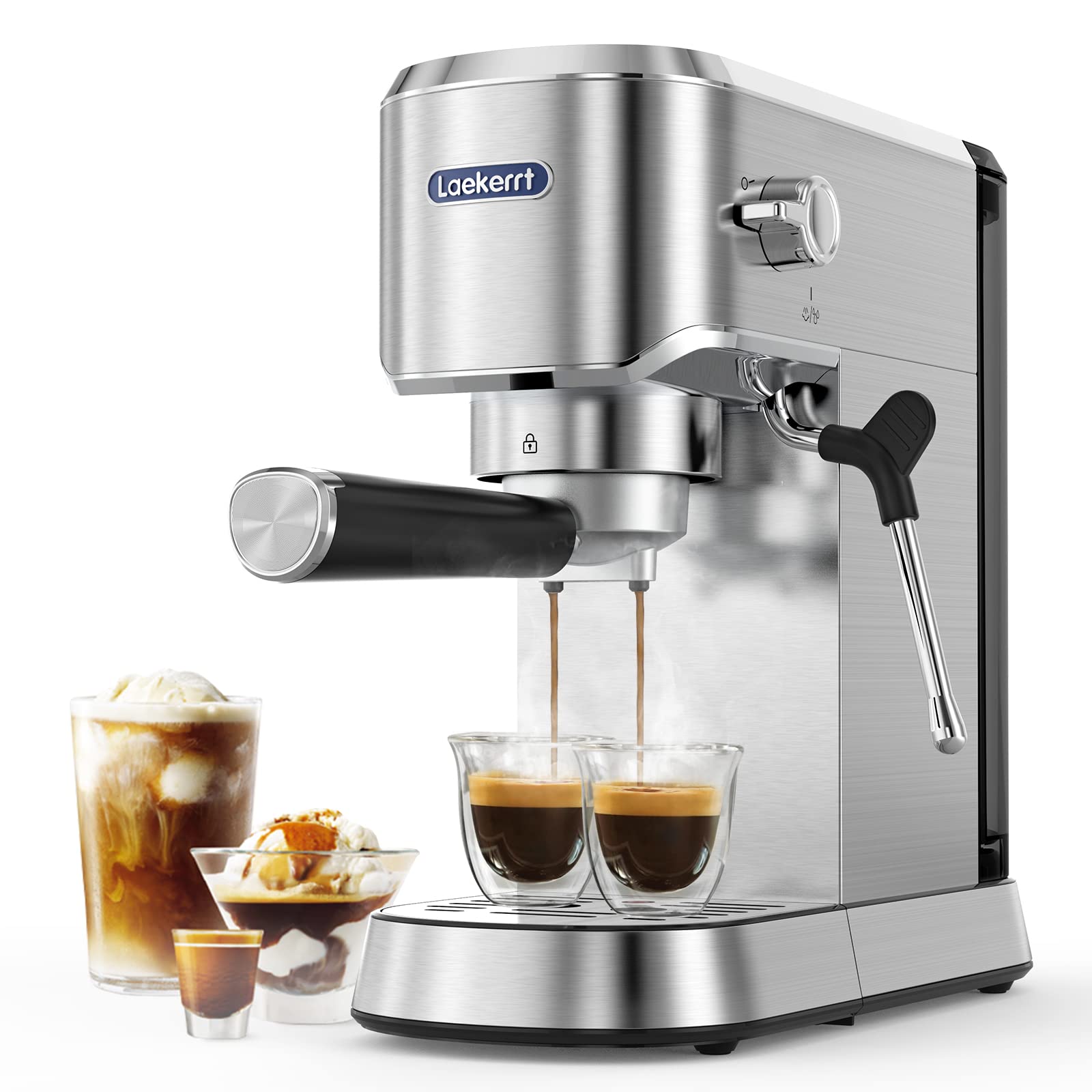 Laekerrt 20 Bar Espresso Machine with Milk Frother - Professional Stainless Steel Coffee Maker for Home Baristas - Perfect for Cappuccino, Latte & Espresso - Ideal Gift for Coffee Lovers & Men (Silver, 1350W) - Great for Home Kitchens, Offices & Coffee Shops
