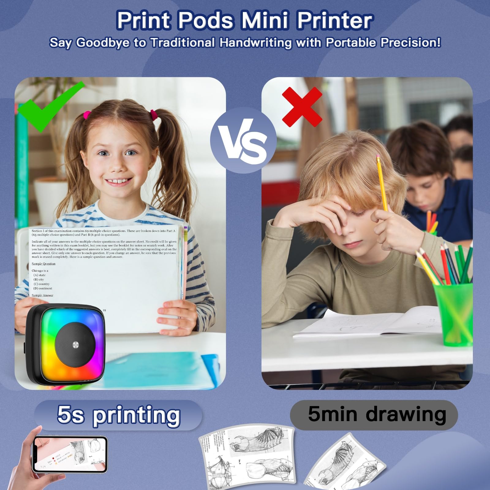 Portable Mini Sticker Printer with 6 Rolls Sticker Paper - 7 Color LED Light Modes for DIY Scrapbooking, Travel Journaling, Note Taking & Labeling | Wireless Bluetooth Compatible with iPhone & Android Phones | Perfect for School, Office & Home Organization