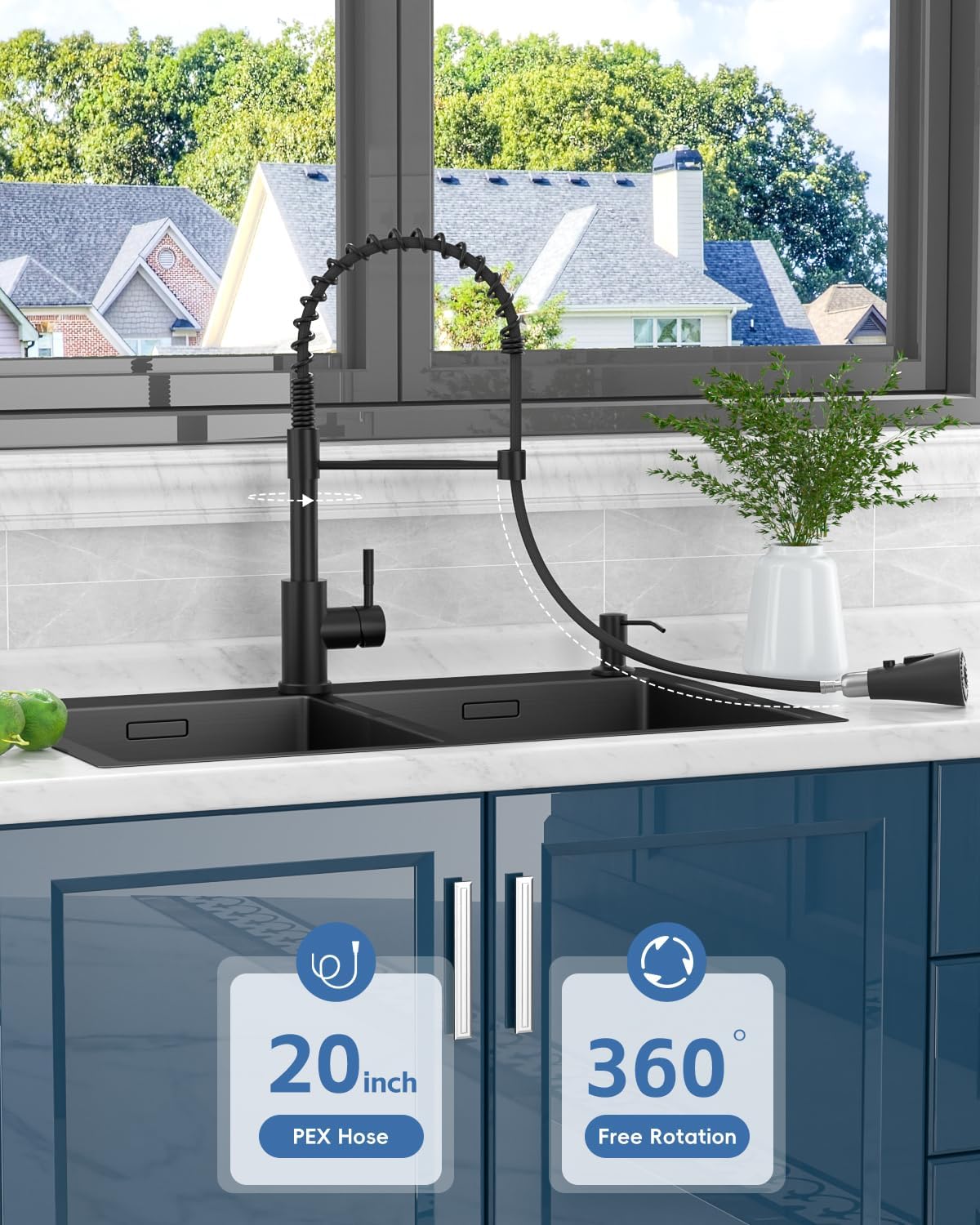 APPASO Matte Black Commercial Spring Kitchen Faucet with Pull Down Sprayer & Soap Dispenser - High Arc Single Handle Sink Faucet for Farmhouse, RV, Restaurant Use - Perfect for Modern Kitchens and Heavy-Duty Cooking Areas