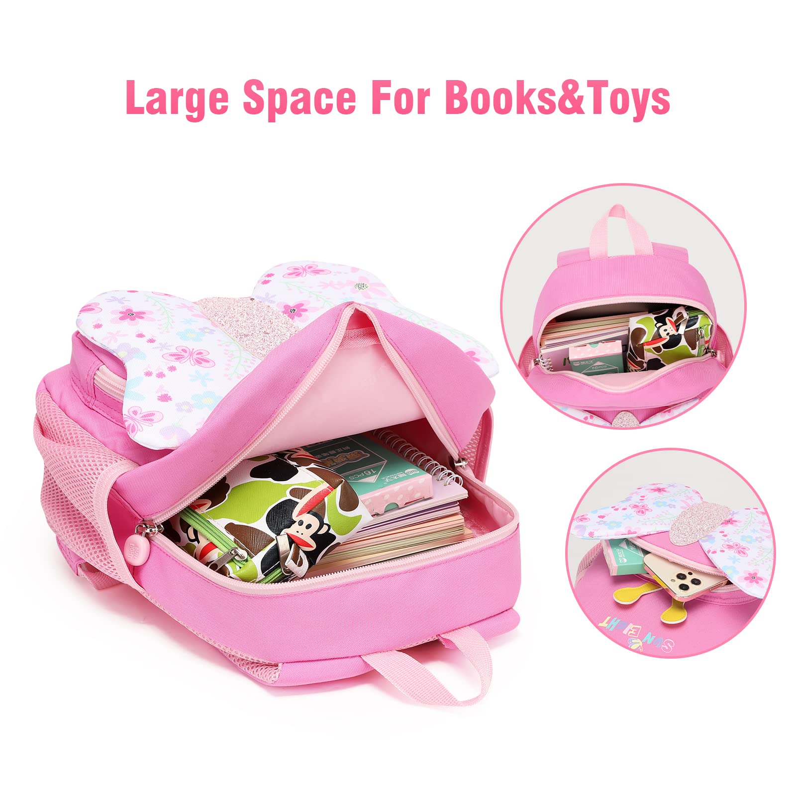 SUN EIGHT Toddler Backpack with Anti-Lost Harness - 3D Cartoon School Bag for Girls 1-4 Years (Butterfly) - Perfect for Preschool & Daycare