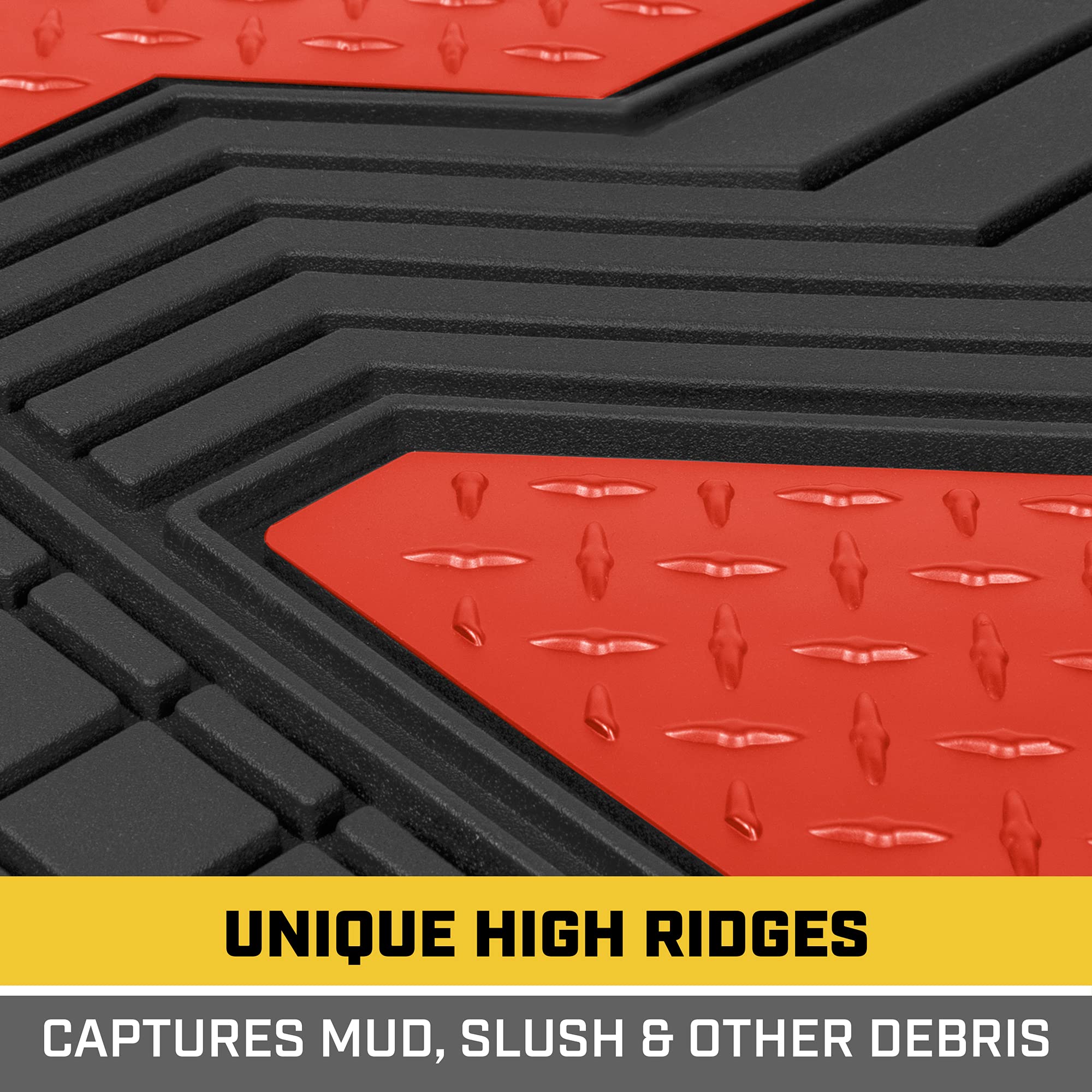 CAT DiamondShield All-Weather Rubber Floor Mats for Cars, Trucks & SUVs - Heavy Duty Front & Rear Set with Anti-Slip Backing & Heel Pad - Universal Fit Trim-to-Fit Design (Red) - Perfect for Road Trips, Off-Road Adventures & Daily Commutes