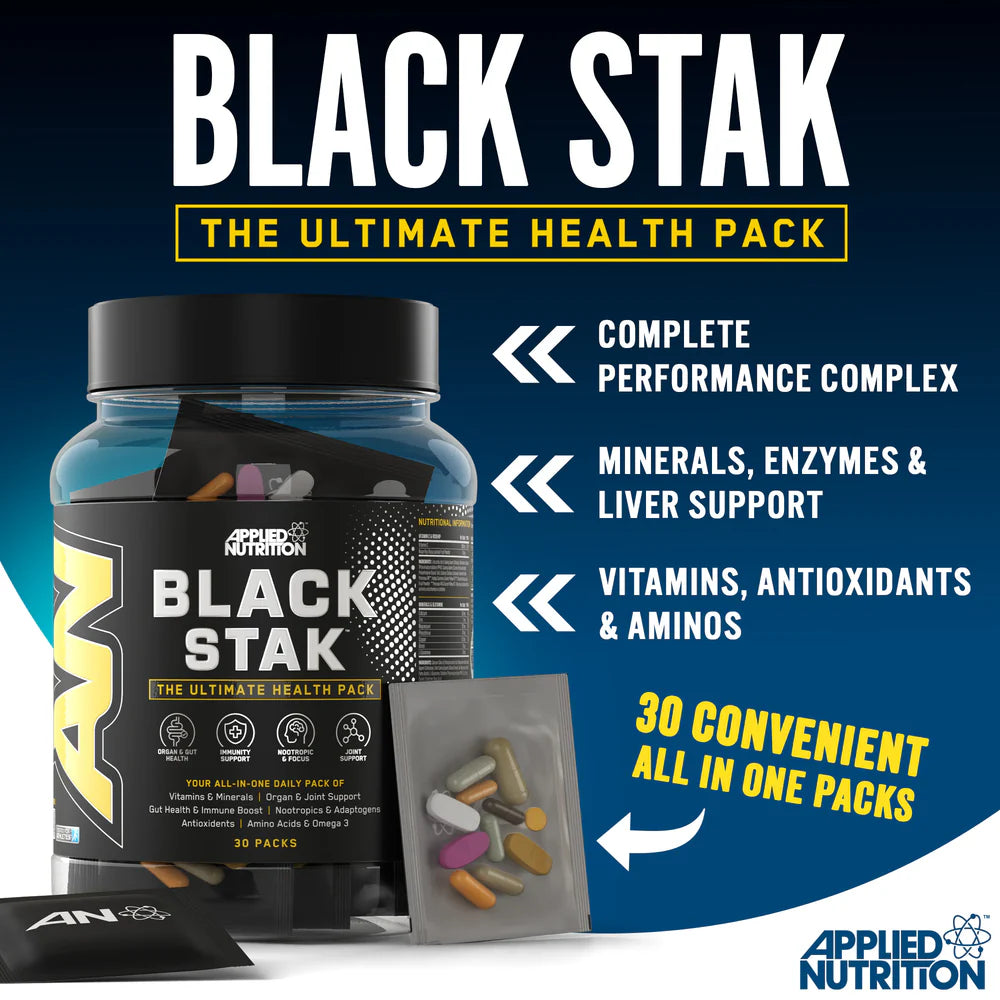 Applied Nutrition Black Stak Ultimate Health Pack - 30 Sachets for Men's Performance & Recovery | Pre-Workout, Muscle Growth & Energy Boost