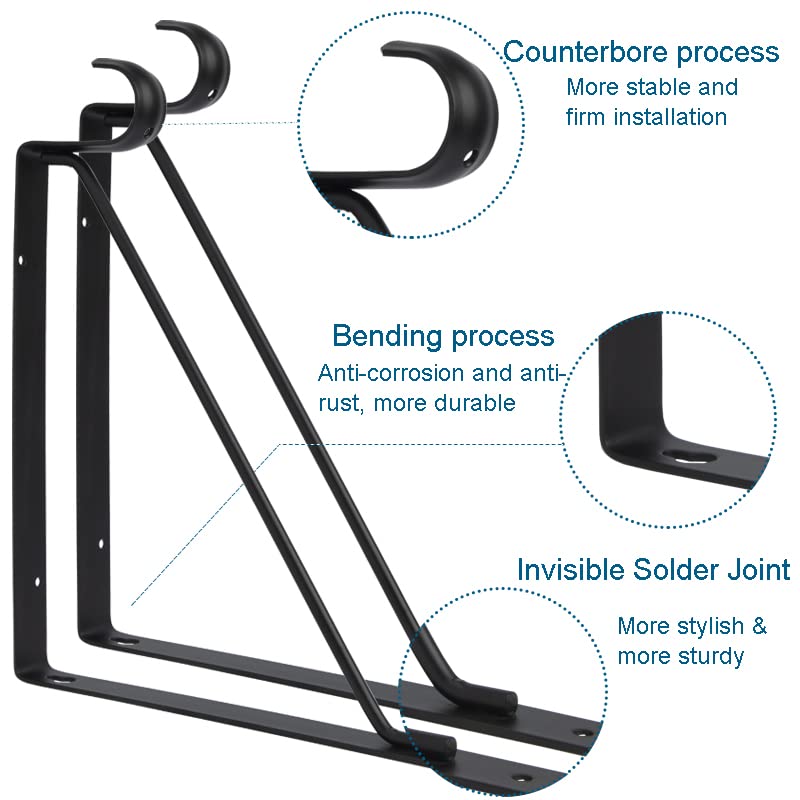 4 Pack Heavy Duty 12 Inch Closet Rod Support Brackets - 10.9 x 12.3 x 1 Inch Black Metal Hangers for Walk-in Closets, Shelving & Wardrobe Organization (Perfect for Home, Apartment & DIY Storage Solutions)