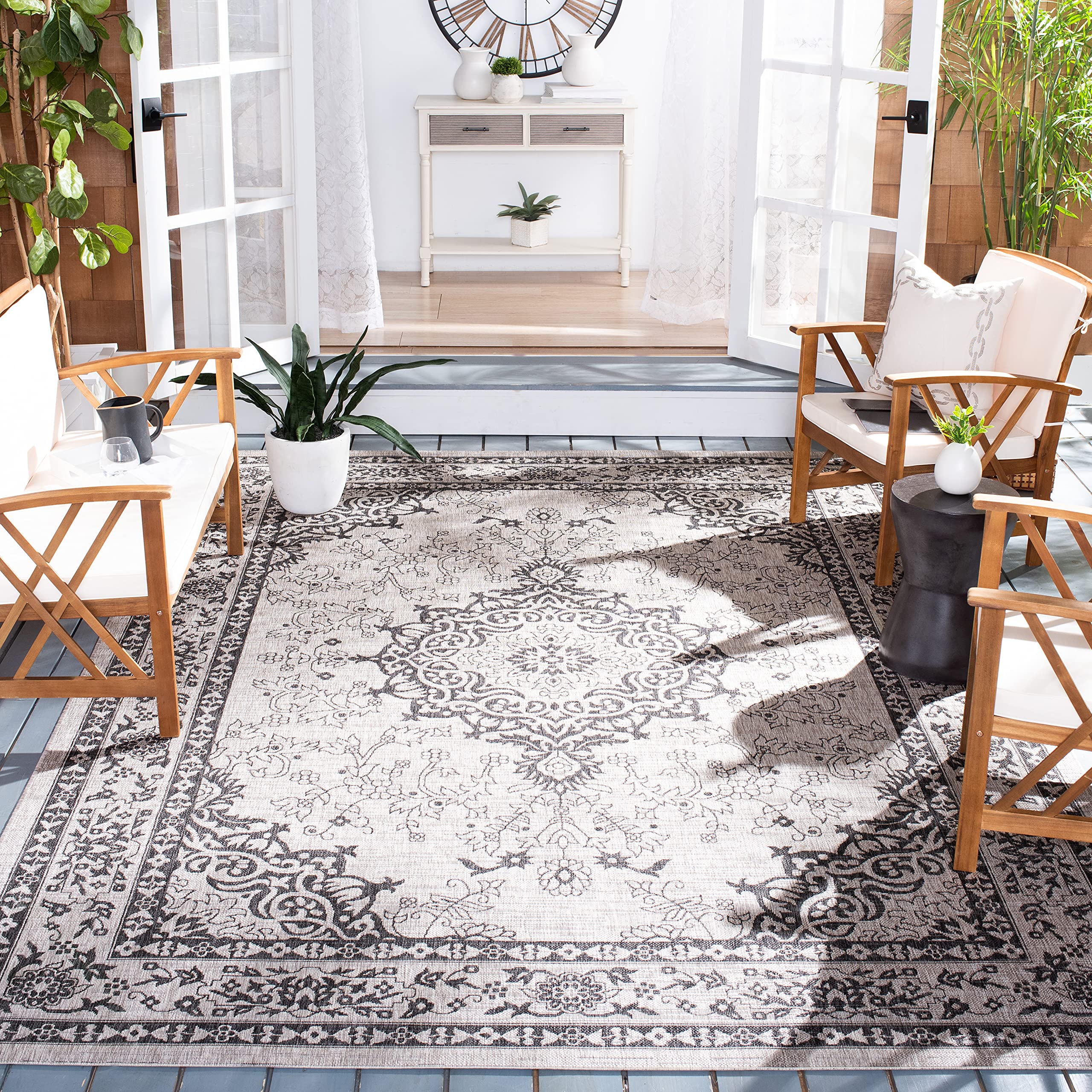 SAFAVIEH Courtyard Collection 8' x 11' Grey/Navy Indoor Outdoor Waterproof Area Rug - Easy to Clean, Perfect for Patio, Backyard, Mudroom & High Traffic Areas (Model CY8679)