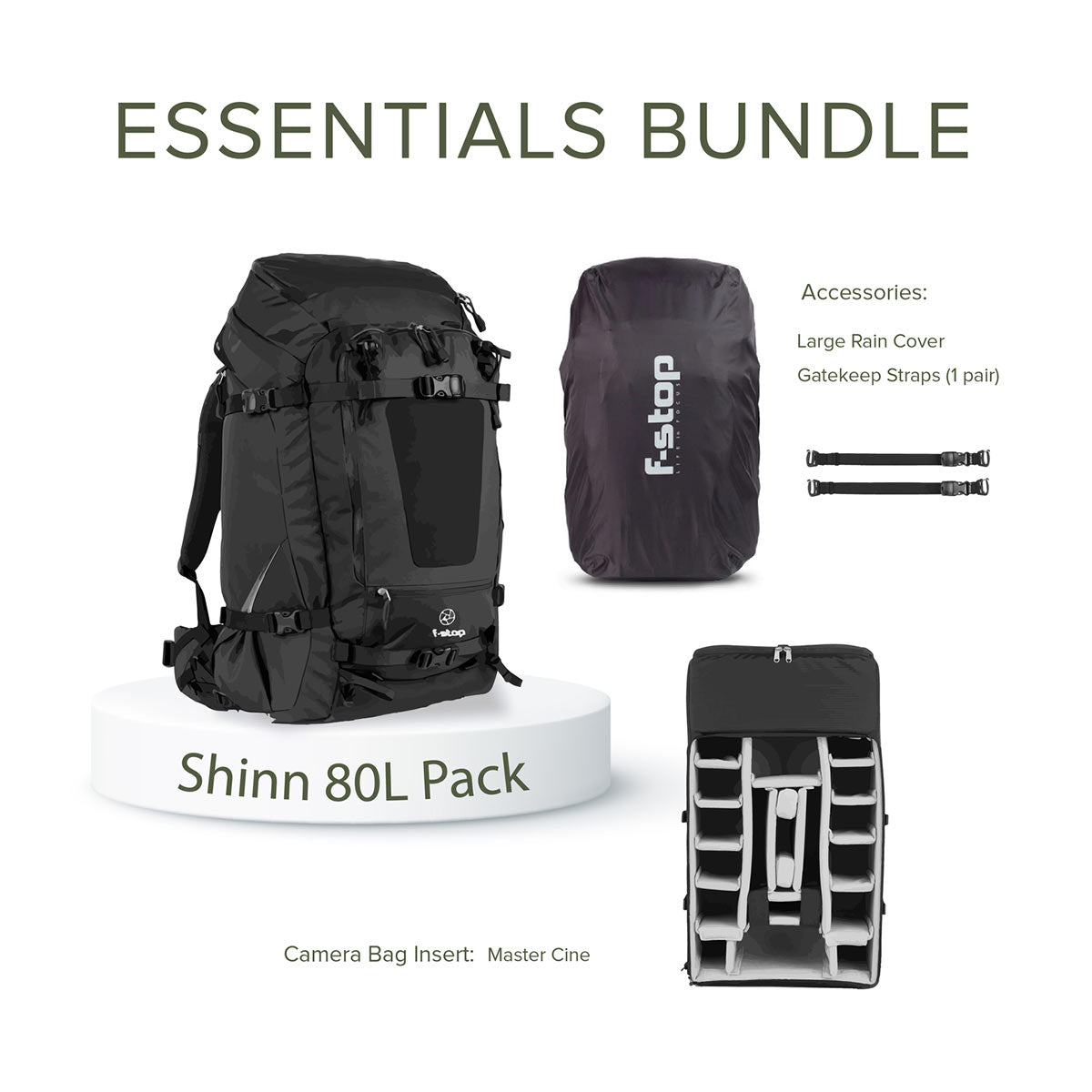F-Stop Mountain Series Shinn 80L Backpack Essentials Bundle (Matte Anthracite Black) - Durable Hiking Backpack for Outdoor Adventures, Camping & Travel Gear
