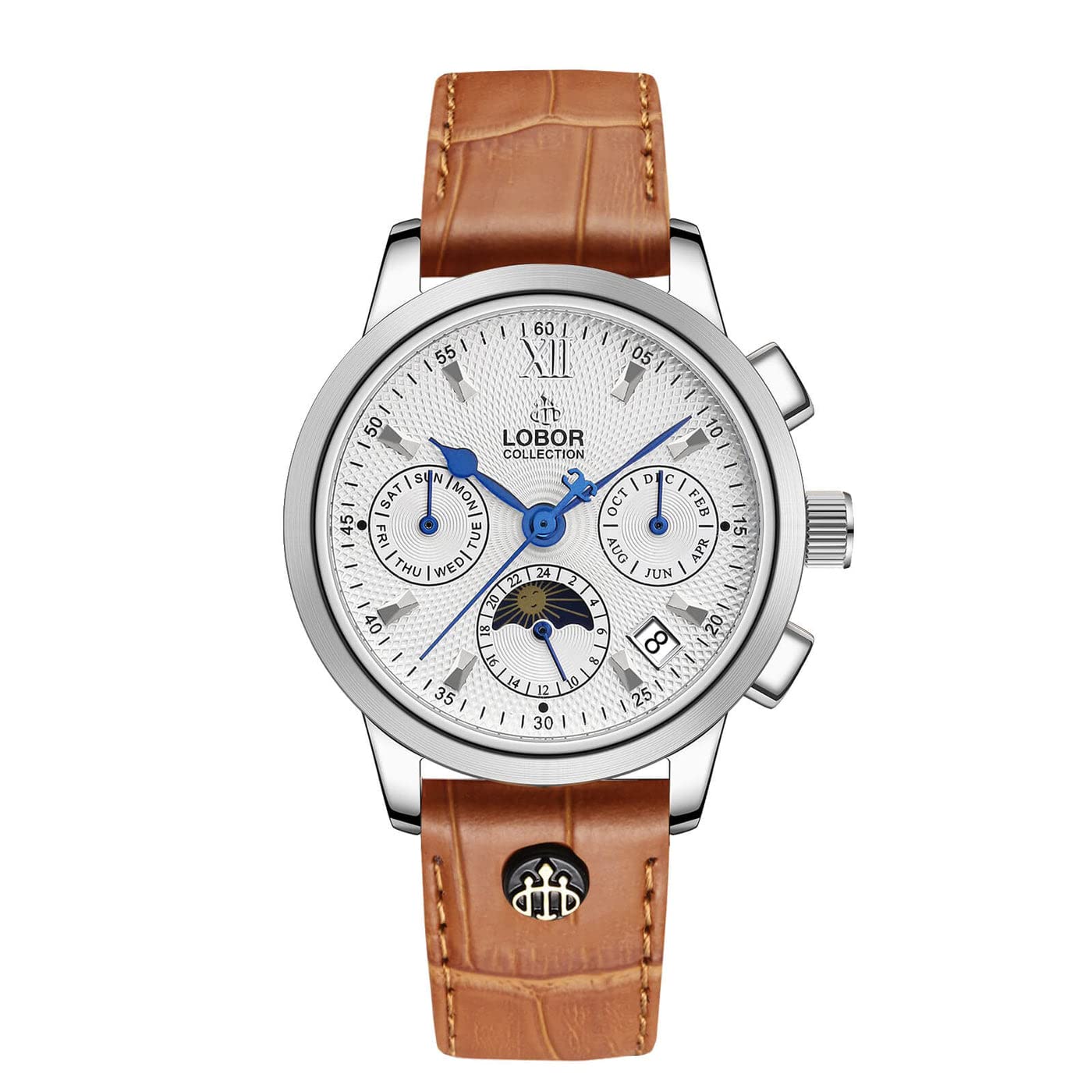LOBOR 35mm Women's Automatic Watch with Moon Phase, Date, Week & Month Display - Stainless Steel & Leather Band - Elegant Dress Watch for Business, Party & Everyday Wear