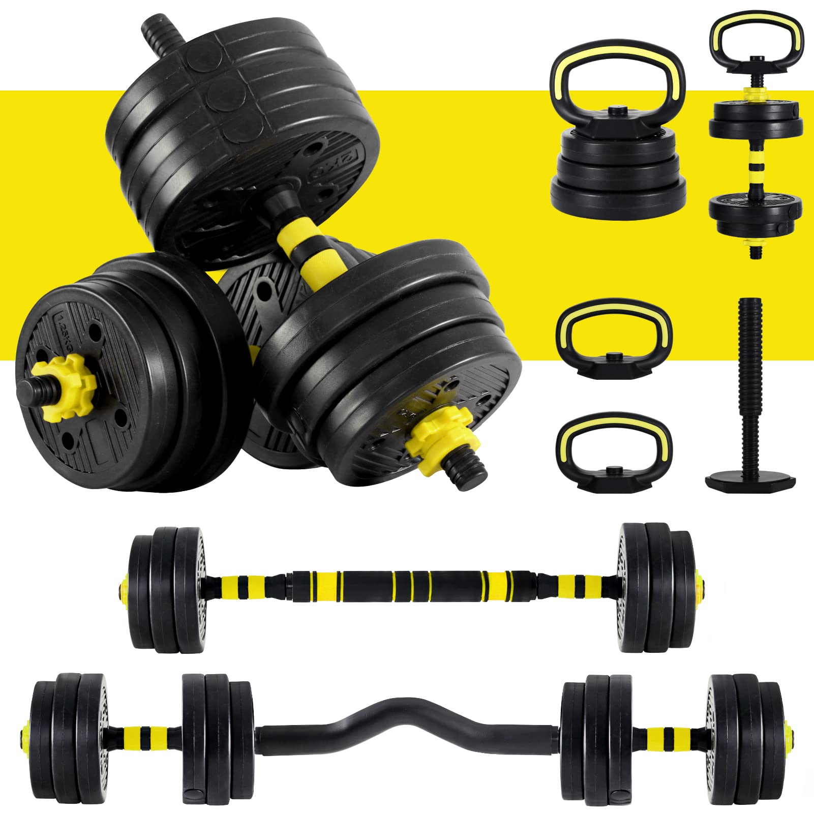 ERKANG 4-in-1 Adjustable Dumbbell Barbell Kettlebell Set - 44/88 lbs Free Weights with 15.7