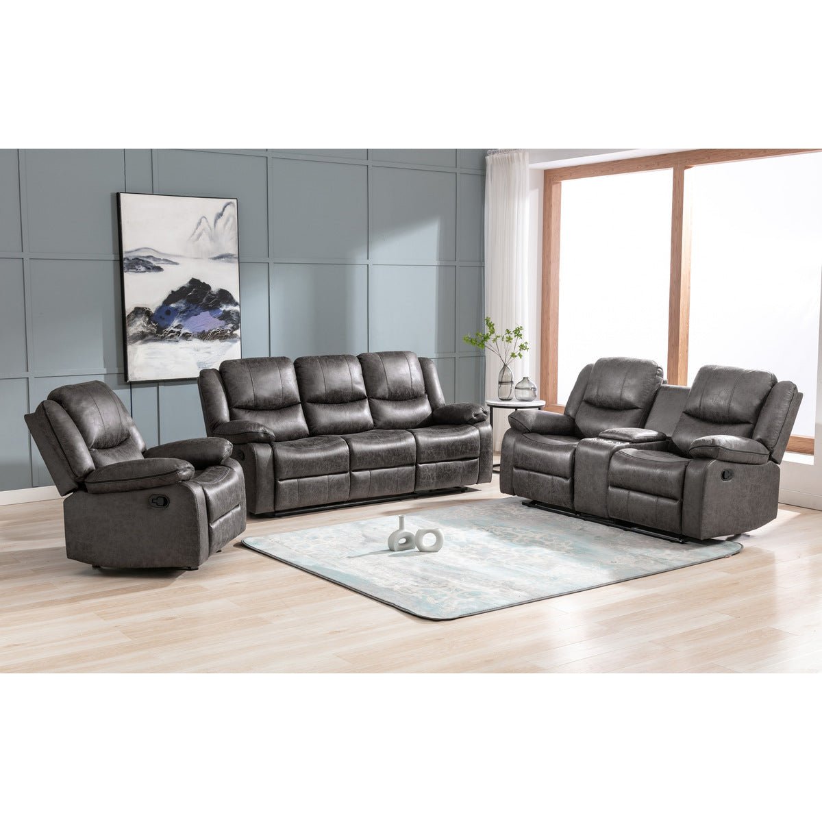 Everett Reclining Sofa with Drop Down Table - Modern Leather Living Room Furniture for Home Theater & Small Space Comfort
