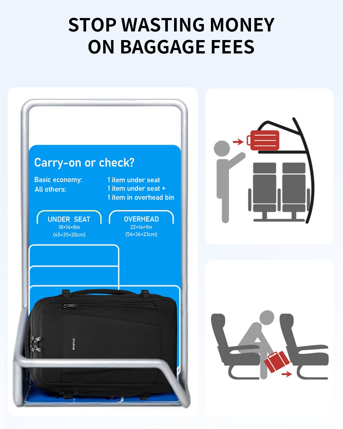 ECOHUB 17 Inch Flight Approved Travel Backpack - Water Resistant Carry On Backpack with 13 Pockets, USB Charging Port & Luggage Sleeve - Perfect Personal Item Bag for Air Travel, Commuting & Outdoor Adventures (Black)