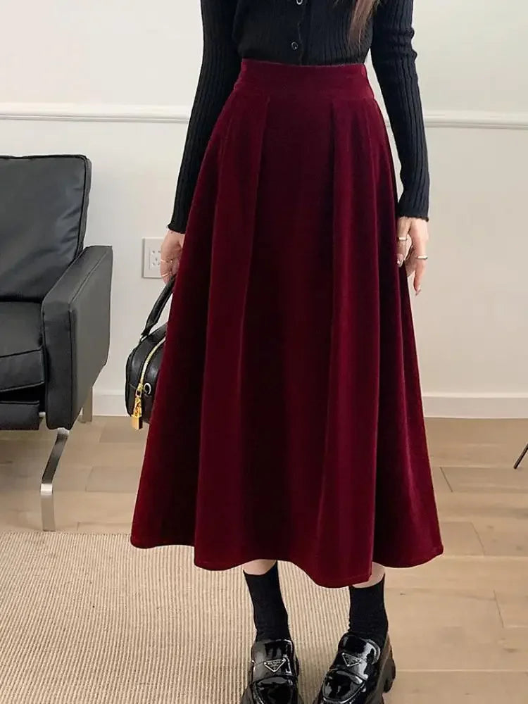 2024 Women's Vintage Red Velvet A-Line Skirt - High Waist Elegant Pleated Swing Skirt for Autumn Winter Warmth | Perfect for Casual Wear, Parties & Office Outfits