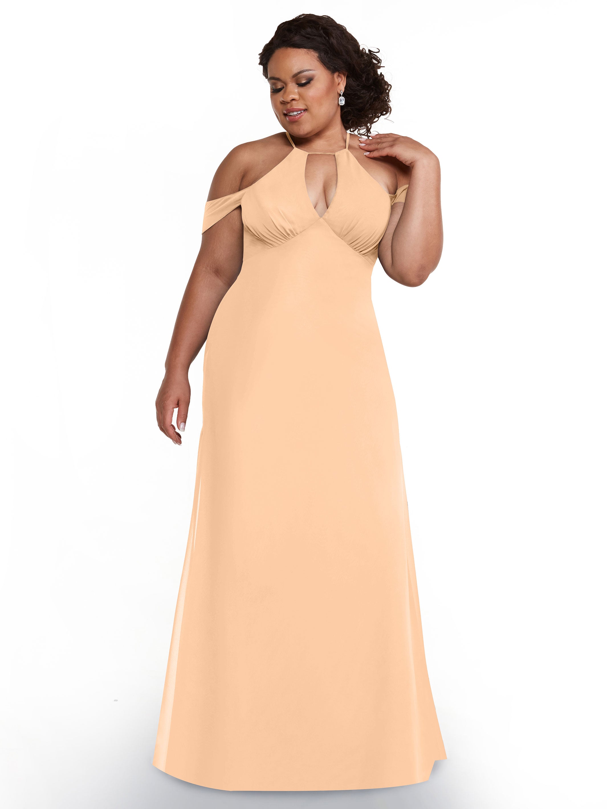 Elegant Off The Shoulder Chiffon Bridesmaid Dress with Halter Neckline - Perfect for Weddings, Formal Events & Special Occasions