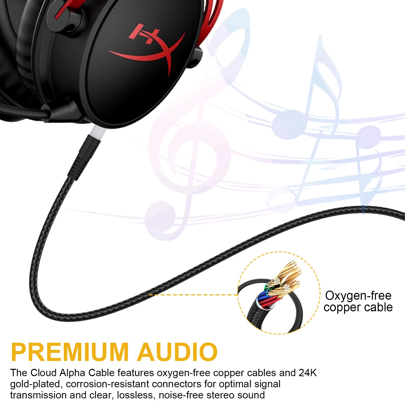 Kingston HyperX Cloud Alpha & Cloud Mix Gaming Headset Replacement Cable - 3.5mm Audio Cable with In-Line Volume Control & Mic Mute Switch for PC, PS4, Xbox - Durable Braided Cord for Gaming & Streaming
