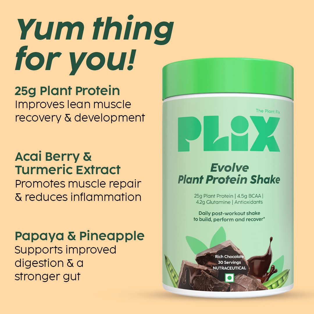 PLIX EVOLVE Performance Plant Protein Powder - Chocolate Flavor 1Kg for Muscle Gain & Recovery | Vegan Protein Drink with B12 Vitamin to Boost Immunity | No Added Sugar | Perfect for Post-Workout & Healthy Lifestyle