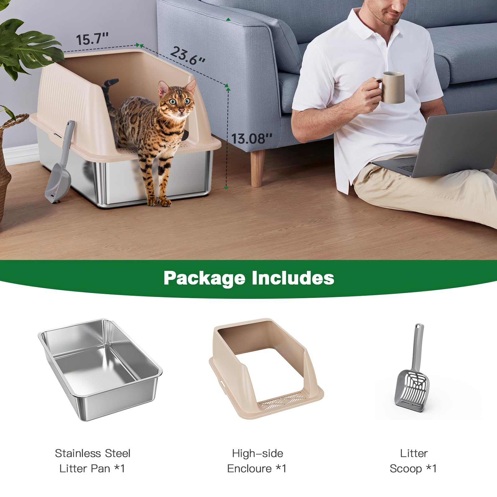 XL Stainless Steel Cat Litter Box with Lid - 14