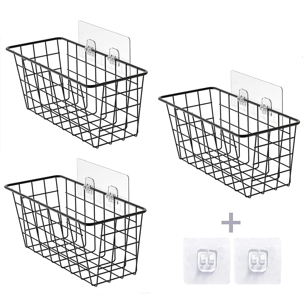 3-Pack Metal Wire Baskets for Bathroom, Pantry & Home Organization - No Drilling Wall Hanging Baskets with Strong Adhesive | Perfect for Spice Storage, Makeup Organizer & Small Item Storage