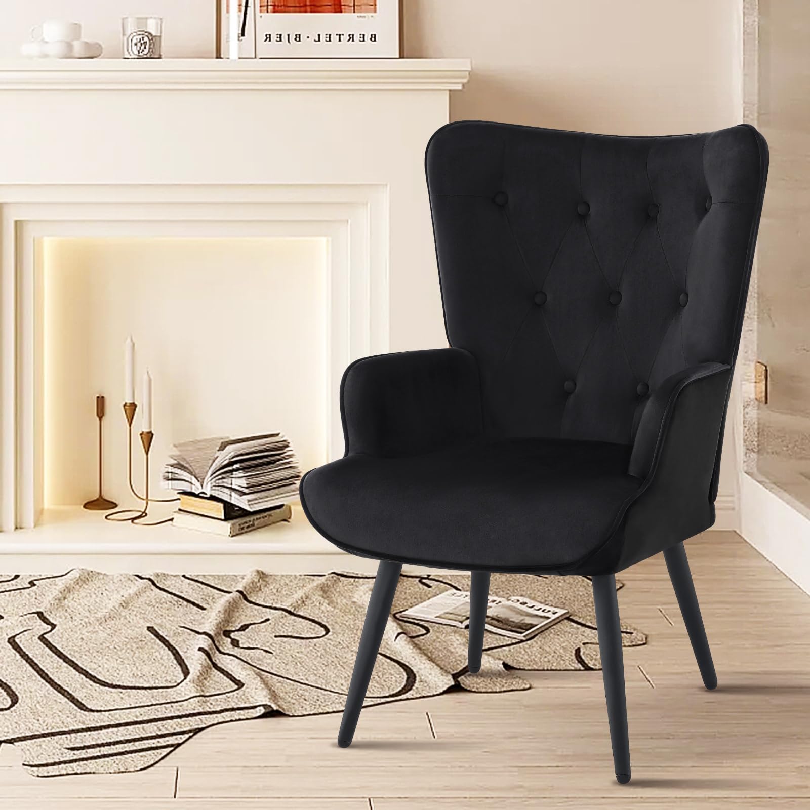 Furnimart Black Velvet Accent Chair - Mid Century Modern Living Room Armchair with Comfortable Cushion | Stylish Wingback Design for Office, Study, Bedroom, Vanity & Waiting Room | Perfect for Relaxing, Reading & Home Decor