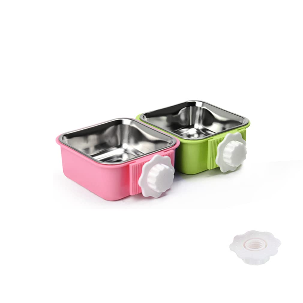 Stainless Steel Crate Dog Bowl - Removable Pet Food & Water Feeder for Cats, Puppies, Birds, Rabbits - Secure Bolt Holder - Small Square (Green & Pink) - Perfect for Kennels, Cages & Travel Crates