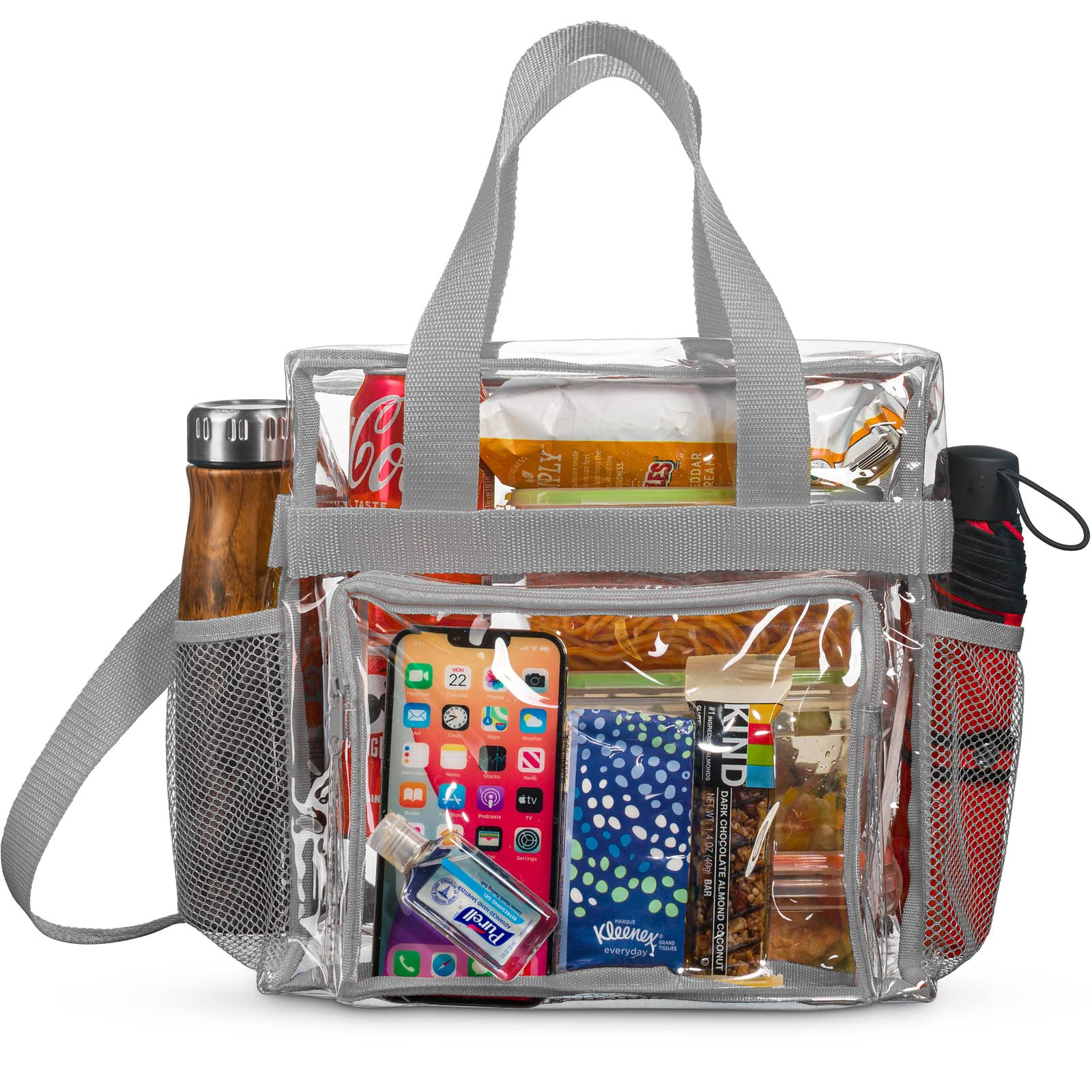 SP HOME GOODS Clear Stadium Approved Lunch Bag - Adjustable Strap, Front Storage & Mesh Pockets for School, Work, Picnics & Sports Events (Grey)