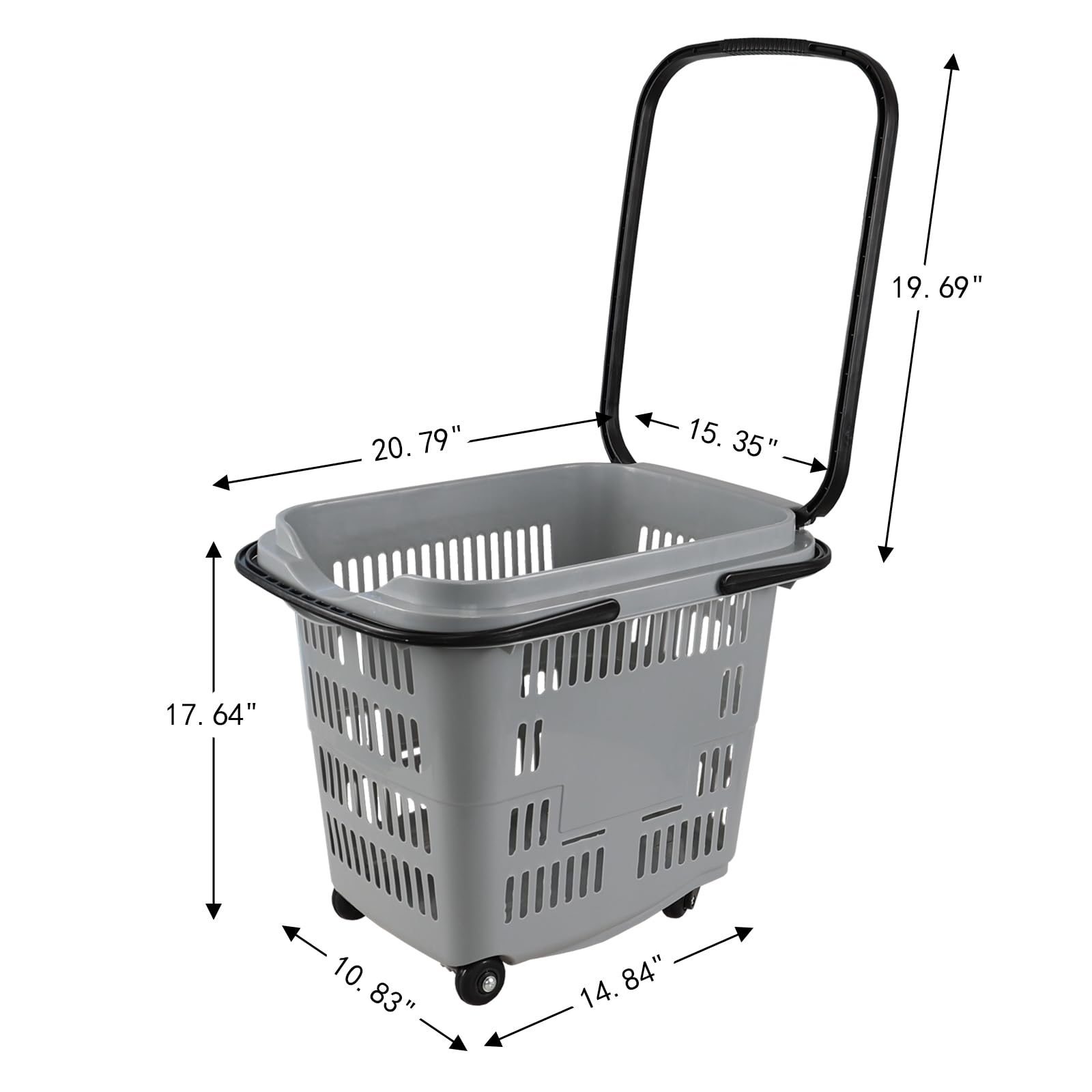 4-Pack Large Wheeled Shopping Basket with Carry Handle - 50L Plastic Grocery Cart for Supermarket, Warehouse & Home Use - Durable Gray Utility Basket for Shopping, Storage & Organization