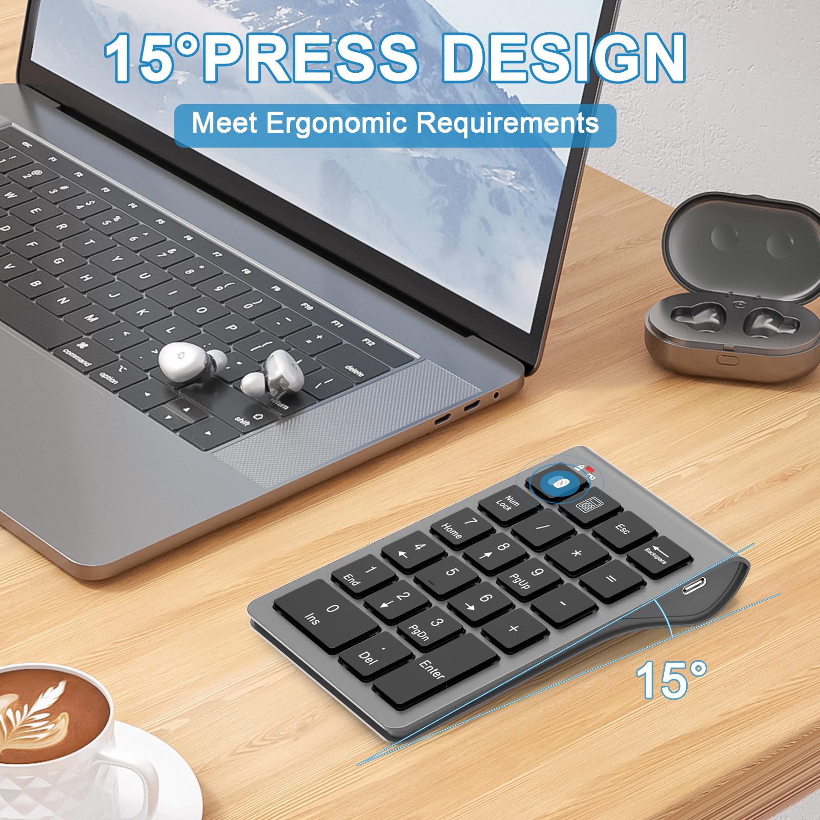 Rechargeable Bluetooth Numeric Keypad for Laptop - Wireless & Wired 22-Key USB Number Pad for MacBook, Chromebook, Surface Pro - Perfect for Accounting, Data Entry and Office Work
