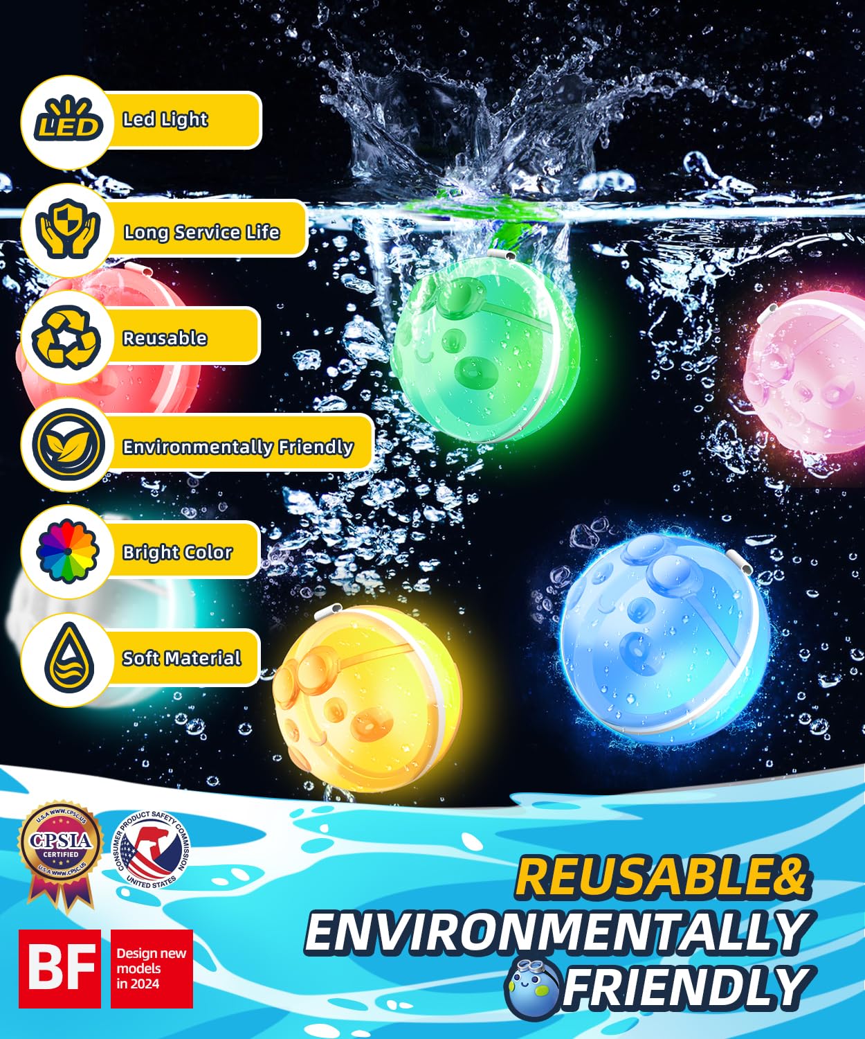 8 Pack LED Flashing Reusable Water Balloons - Self-Sealing Water Bombs for Kids & Adults - Summer Outdoor Pool Party Toys - Easy Fill Silicone Water Balls for Backyard Games, Beach Fun & Birthday Parties