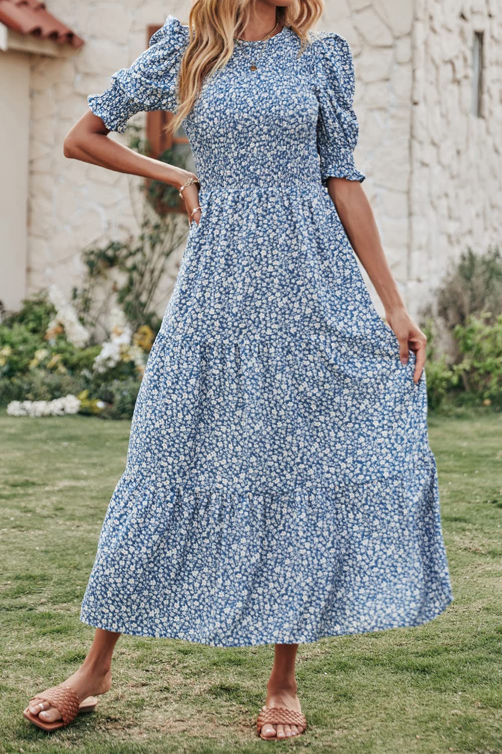 BTFBM Women's Floral Print Boho Maxi Dress - Crew Neck, Ruffle Short Sleeve, Smocked Waist, Flowy Summer Dress for Beach, Vacation & Casual Wear | Spring 2025 Fashion Trends