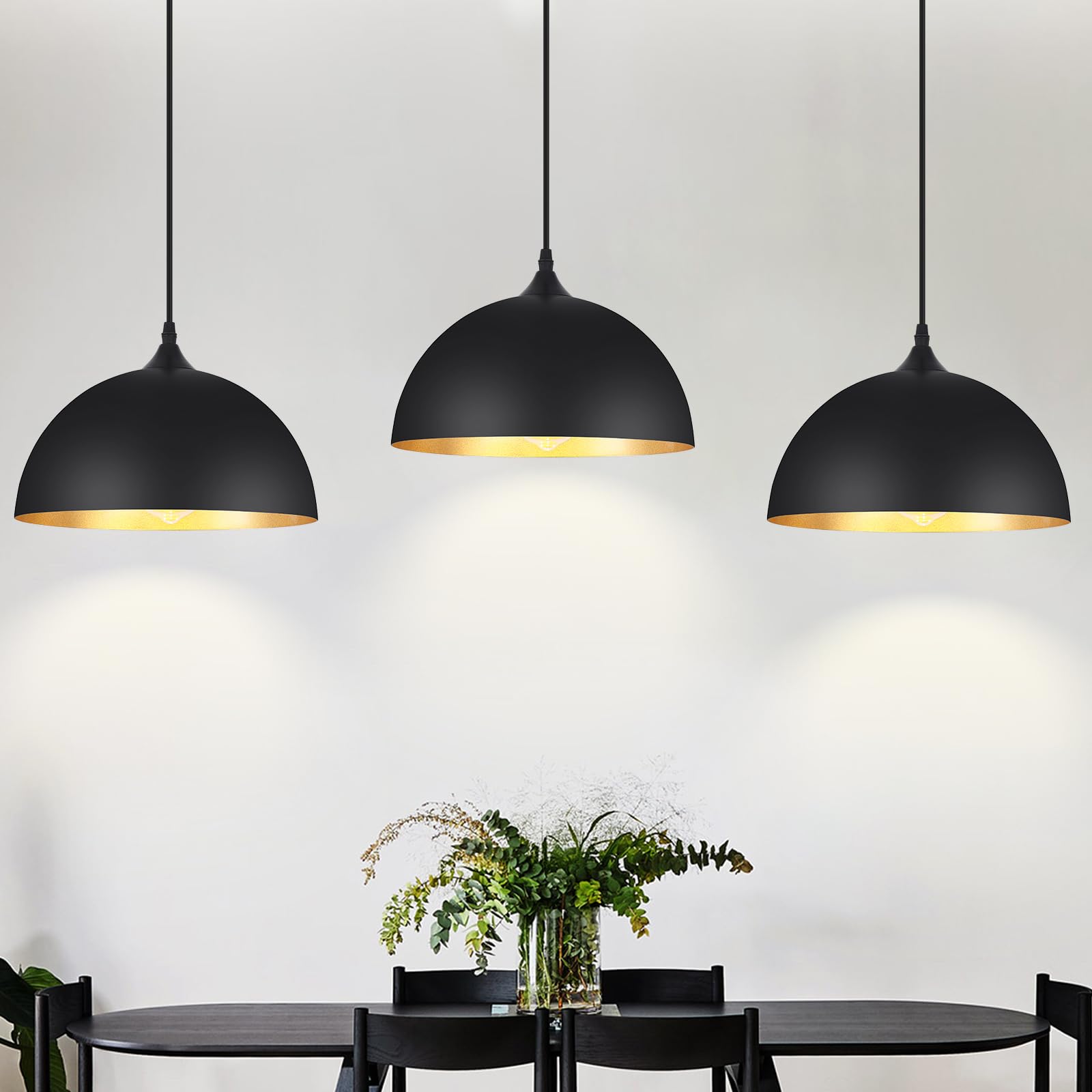 3 Pack Modern Black Dome Pendant Lights for Kitchen Island - Vintage Hanging Ceiling Light Fixtures with E26 Base - Perfect for Dining Room, Living Room, Foyer, Entryway, Bedroom & Hallway Lighting Decor