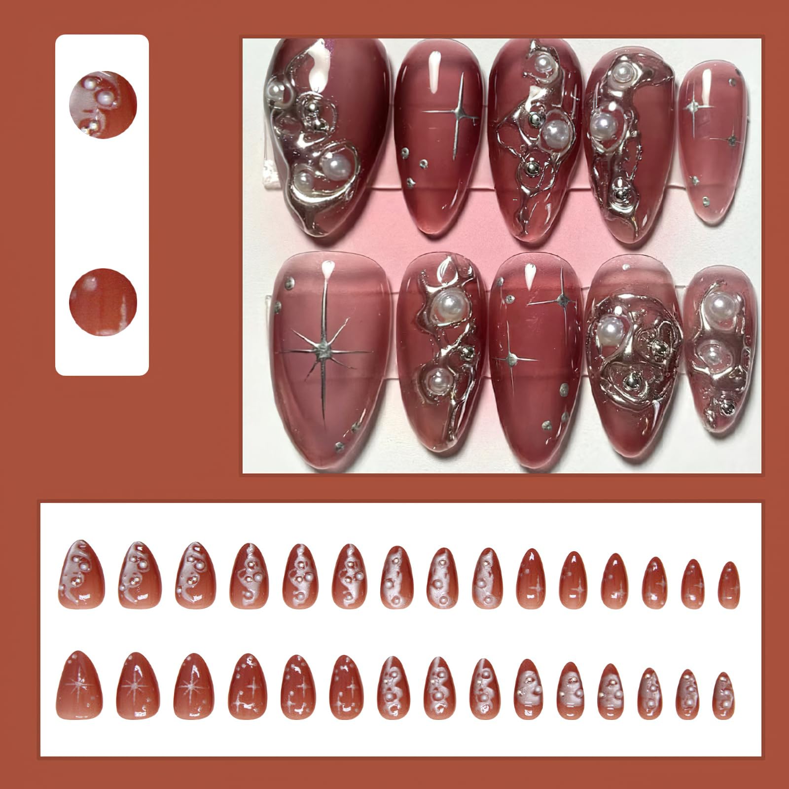 Dark Pink Short Almond Press on Nails with Pearl Design & Gothic Silver Stars - Glossy Y2K Style Fake Nails for Women (30Pcs) | Full Cover Glue on Artificial Nails with Irregular Liquid Pattern | Perfect for Parties, Weddings & Gothic Fashion
