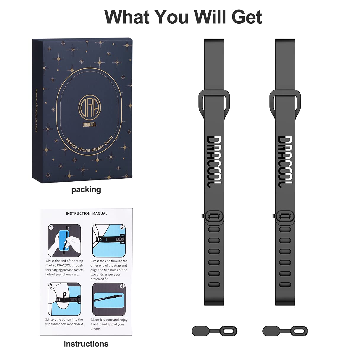 Dracool 2 Pack Silicone Phone Strap - Elastic Finger Holder Grip Loop for iPhone, Samsung Galaxy & Most Smartphones - Secure Anti-Slip Design for One-Hand Use - Perfect for Gym, Running, Commuting & Outdoor Activities - Black