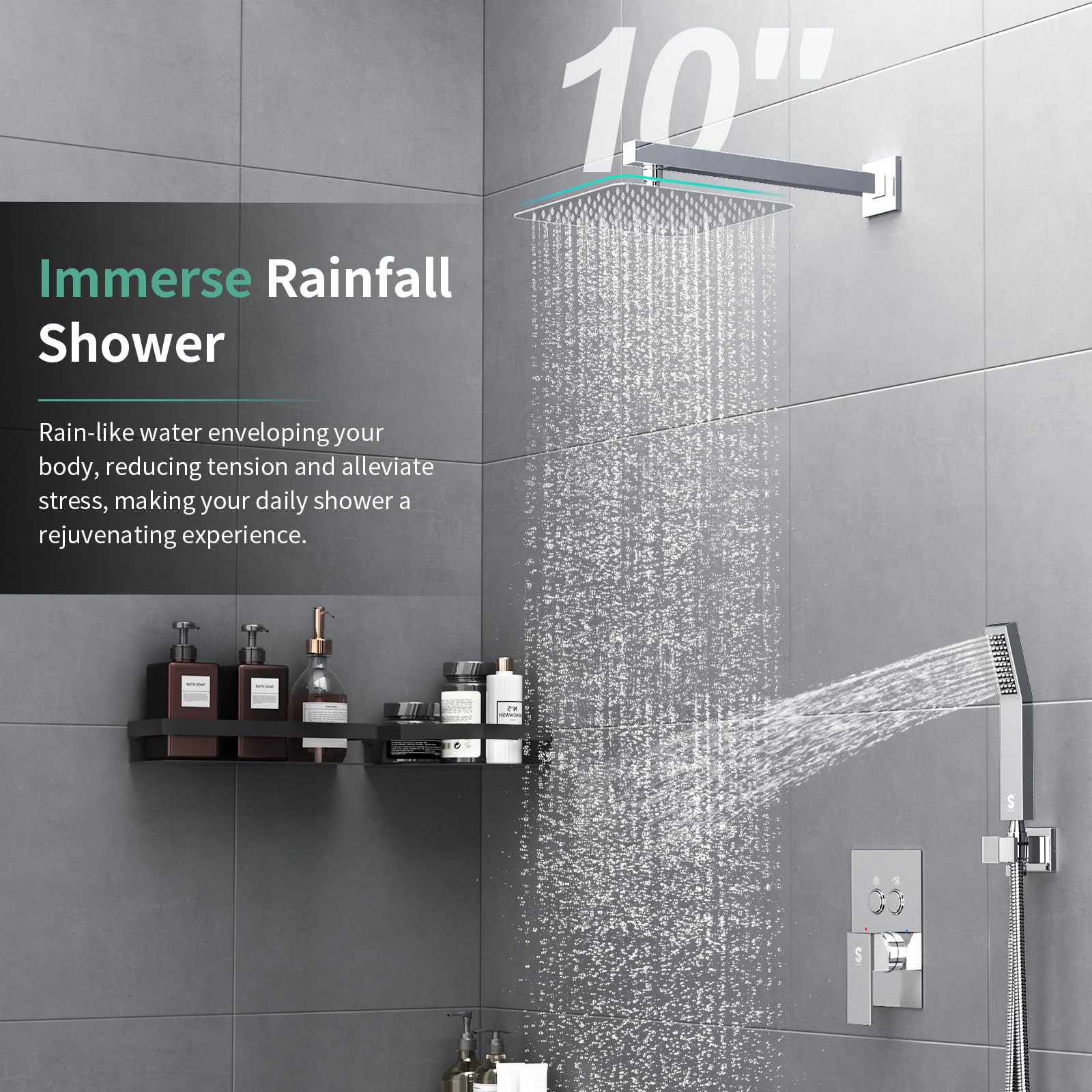 SR SUN RISE Luxury 10 Inch Rain Shower Head with Handheld Spray - High Pressure Shower System with Push Button Diverter & Rough-in Valve - Polished Chrome Finish for Bathroom & Spa Experience