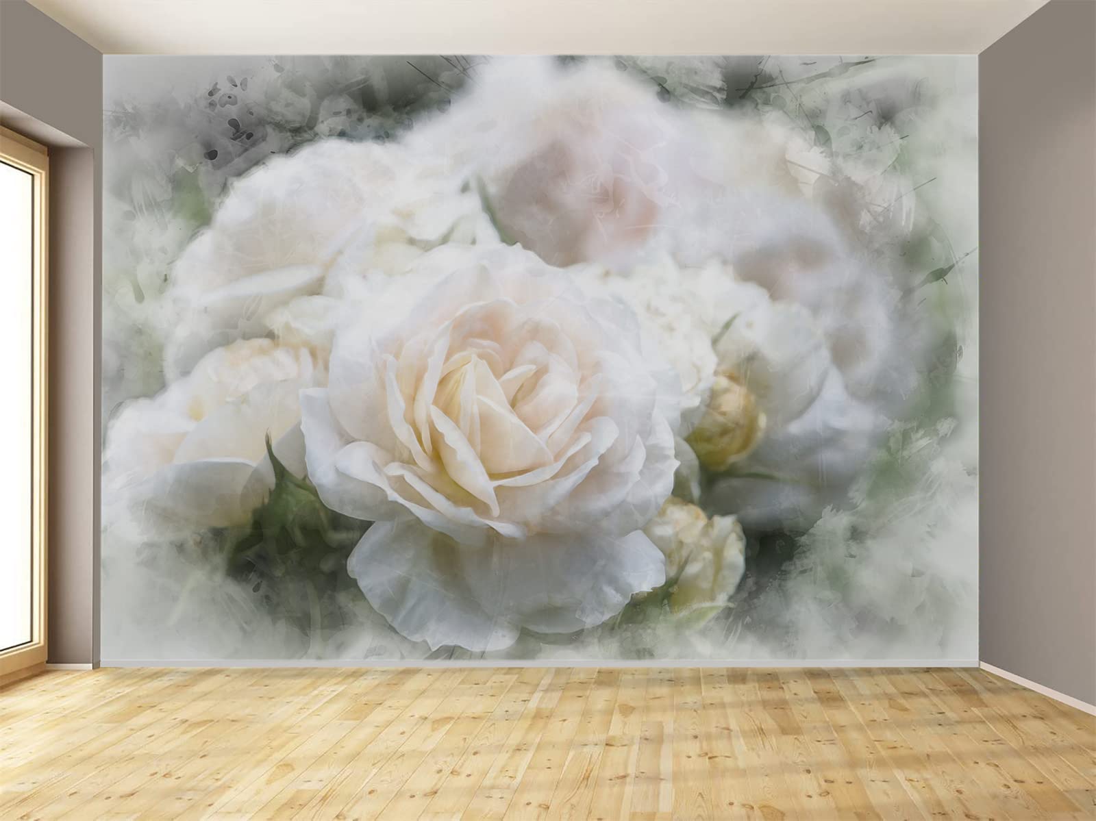 White Flower Ink Plant Wall Mural - Large Removable Wallpaper Sticker for Living Room, Bedroom, Office & Kids Room Decor (118