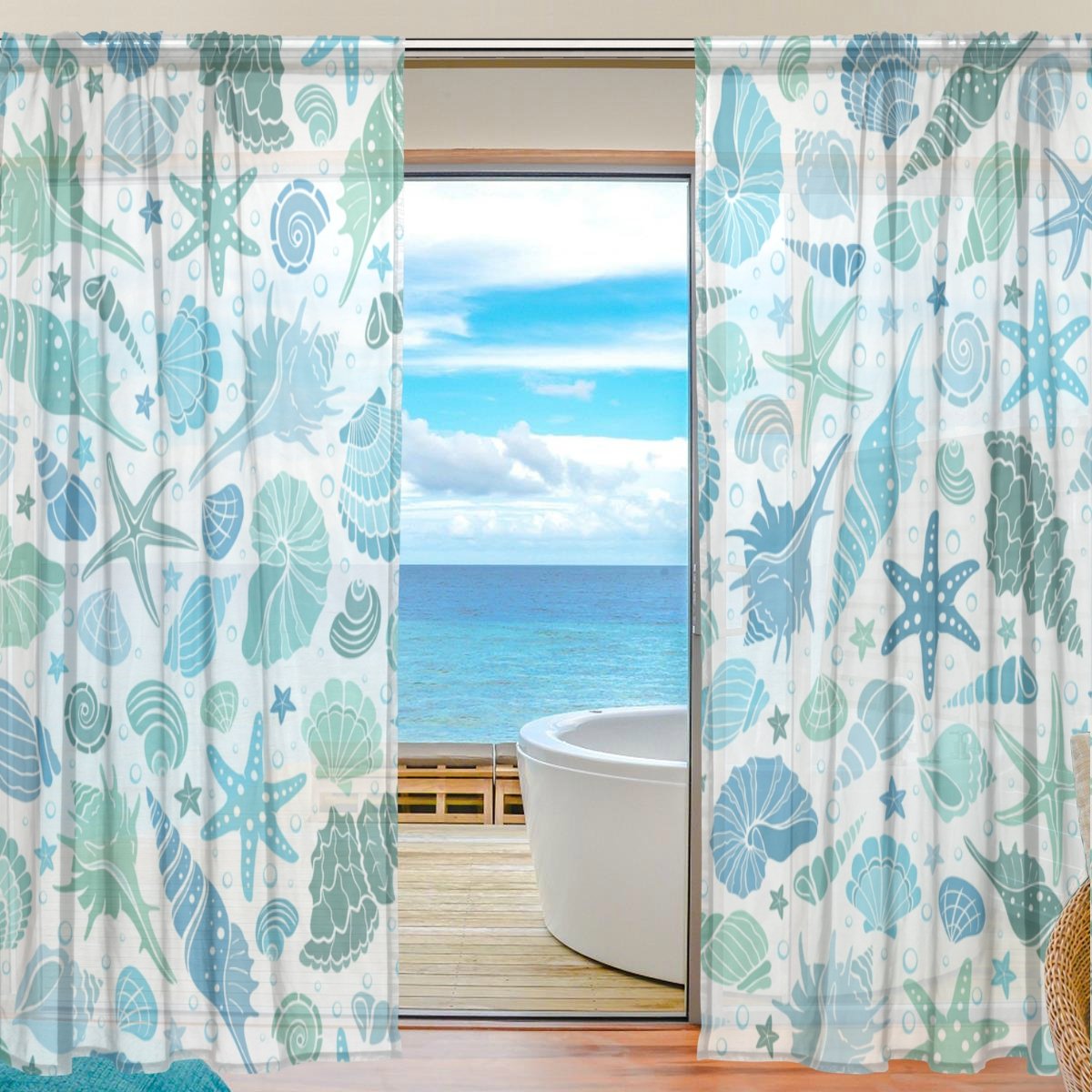 U Life Sea Ocean Life Aquatic Bubbles Shells Patchwork Rod Pocket Sheer Voile Window Curtains - 55