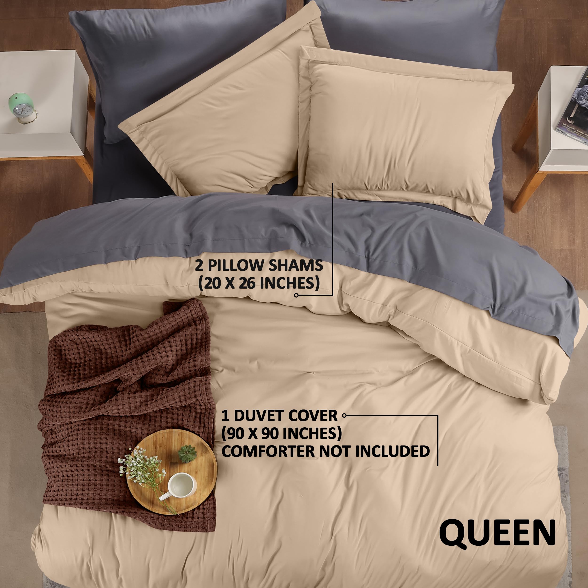 Utopia Bedding Queen Size Duvet Cover Set - 3 Piece Soft Brushed Microfiber Comforter Cover with Zipper Closure & 2 Pillow Shams (90x90 Inches, Beige) - Perfect for Cozy Bedroom, Guest Room & Hotel Stays