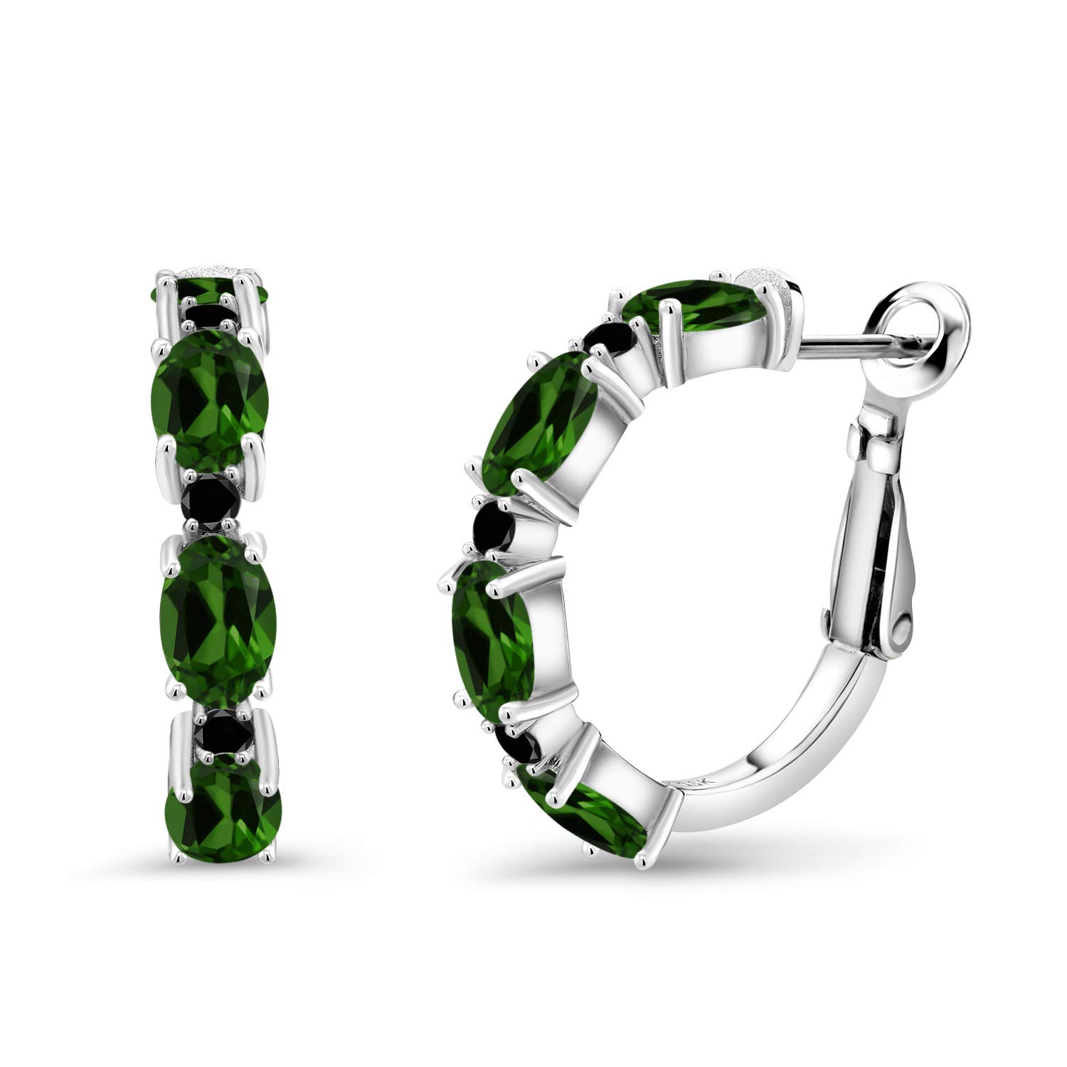 4.60 Ct Oval Green Chrome Diopside & Black Diamond 925 Sterling Silver Hoop Earrings for Women | Gem Stone King | Elegant Dangle Earrings for Party, Wedding & Evening Wear