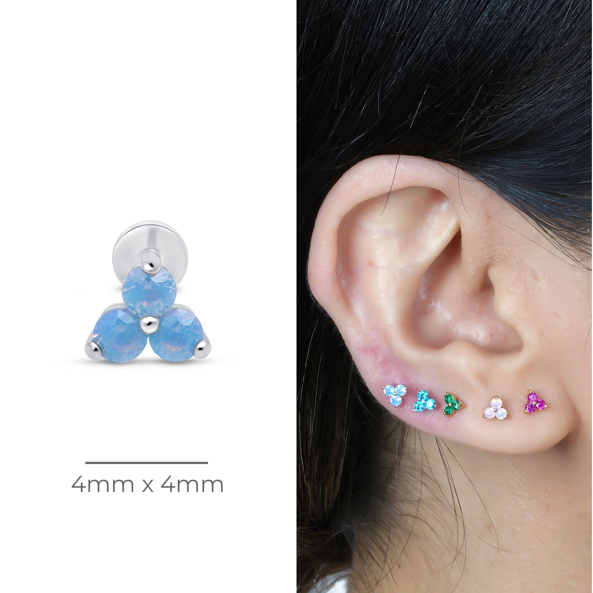 14k White Gold Blue Opal Trinity Cluster Stud Earrings – Elegant Flat Back Design for Women, Perfect for Weddings, Parties & Daily Wear