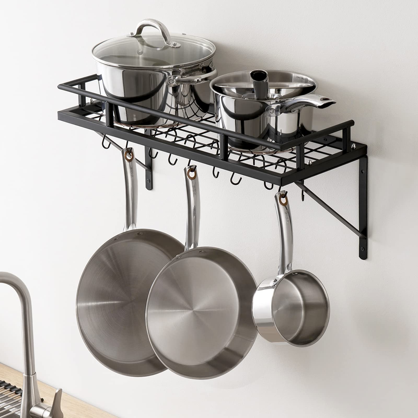 24 Inch KES Kitchen Pot Pan Rack - Wall Mounted Hanging Storage Organizer with Hooks, Matte Black - Perfect for Small Kitchens, Pantry Organization & Space Saving Storage