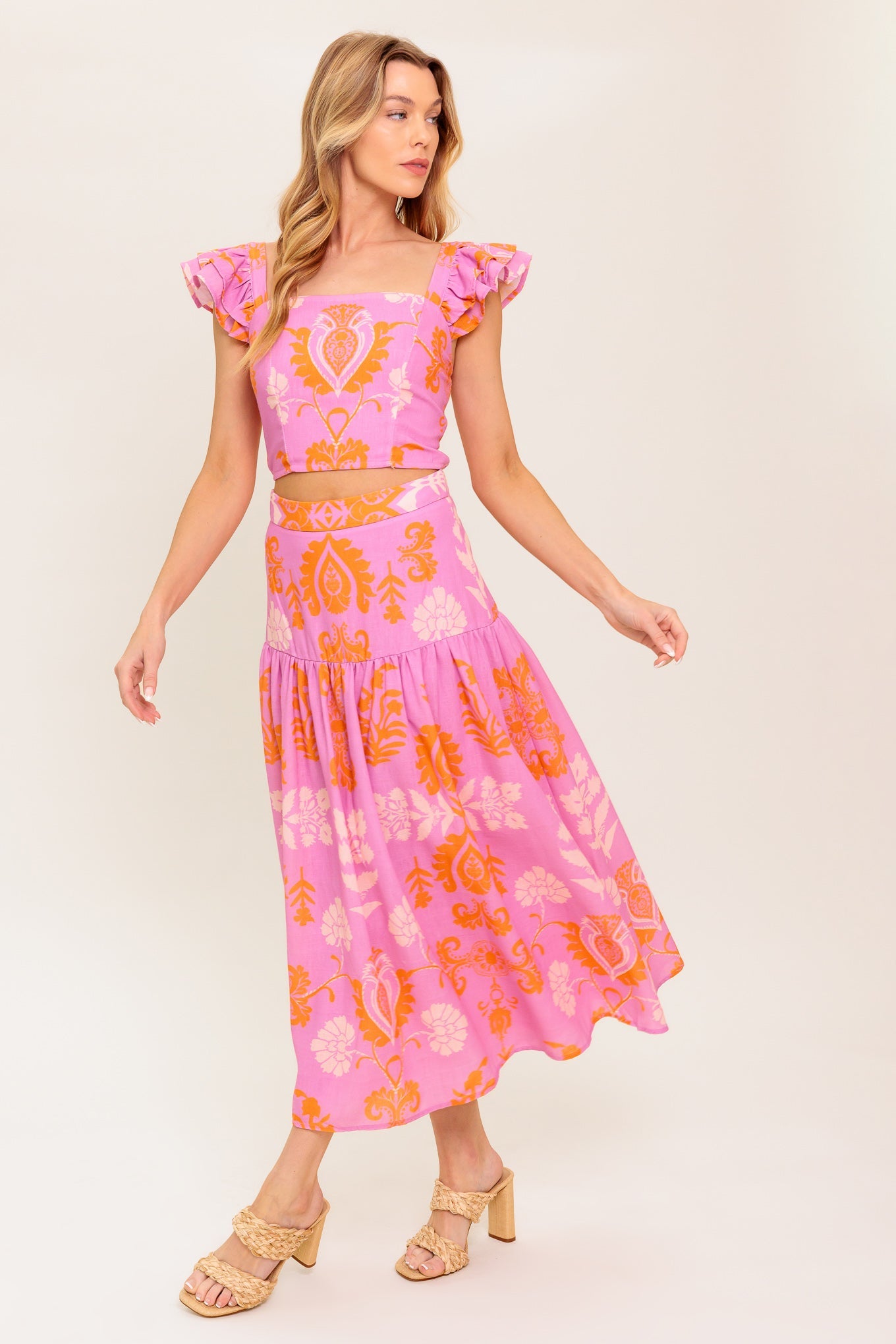 Distant Sun Crop Top & Skirt Set - Pink & Orange Floral Print Summer Outfit for Beach, Vacation & Casual Wear
