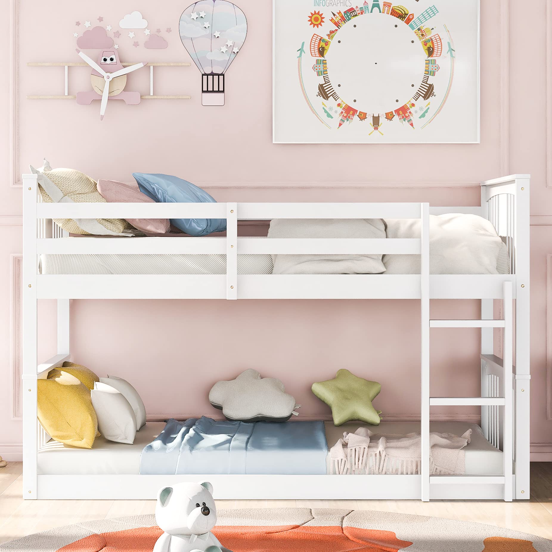 Wooden Twin Over Twin Kids Bunk Bed with Ladder - Low Profile White Bunk Bed Frame for Children's Room, Sleepovers & Small Spaces