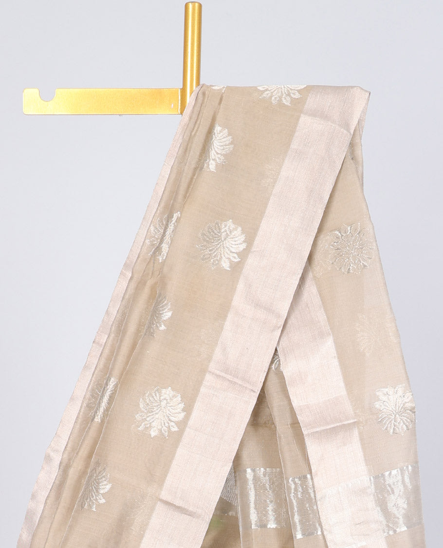 Elegant Beige Chanderi Cotton Saree with All Over Butta Designs, Self Border & Floral Pallu - Perfect for Weddings, Festivals & Traditional Occasions