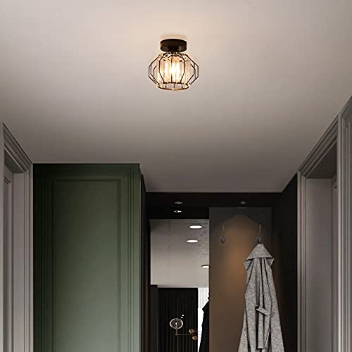 Kiven Crystal Light Flush Mount Ceiling Fixture - 1-Light Modern Geometric Semi-Flush Iron Chandelier for Hallway, Living Room, Stairway, Porch, Bedroom, Kitchen & Entryway - Black - Perfect for Modern Homes, Apartments and Commercial Spaces